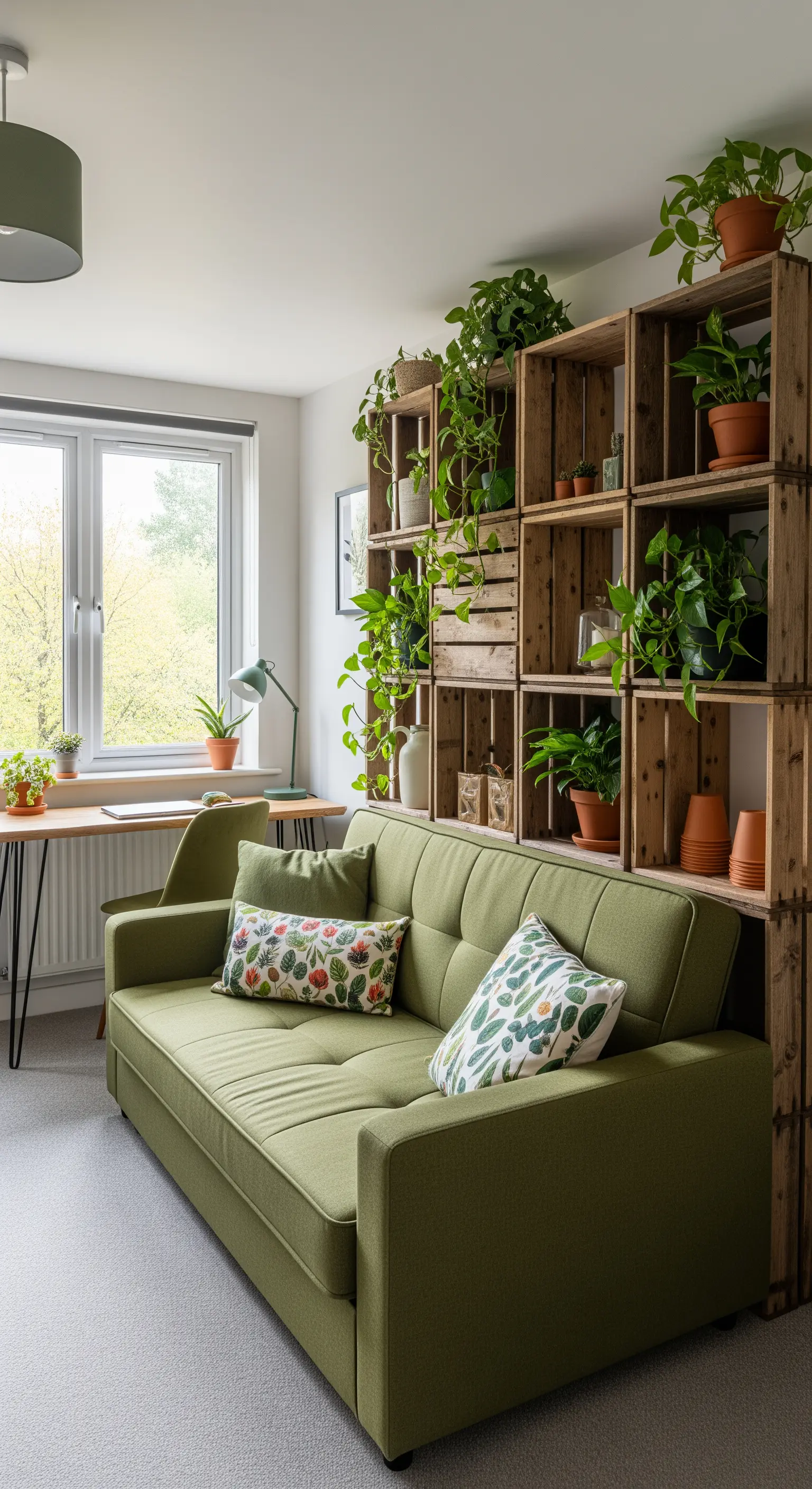 Salotto con divano verde, libreria fatta di cassette di legno e molte piante.