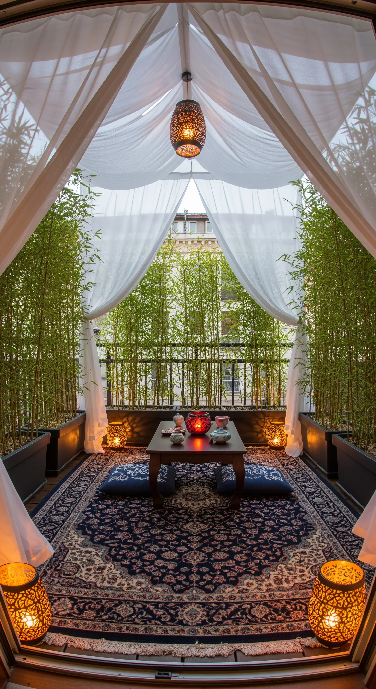 Balcone trasformato in tenda con teli bianchi, bambù e lanterne orientali.