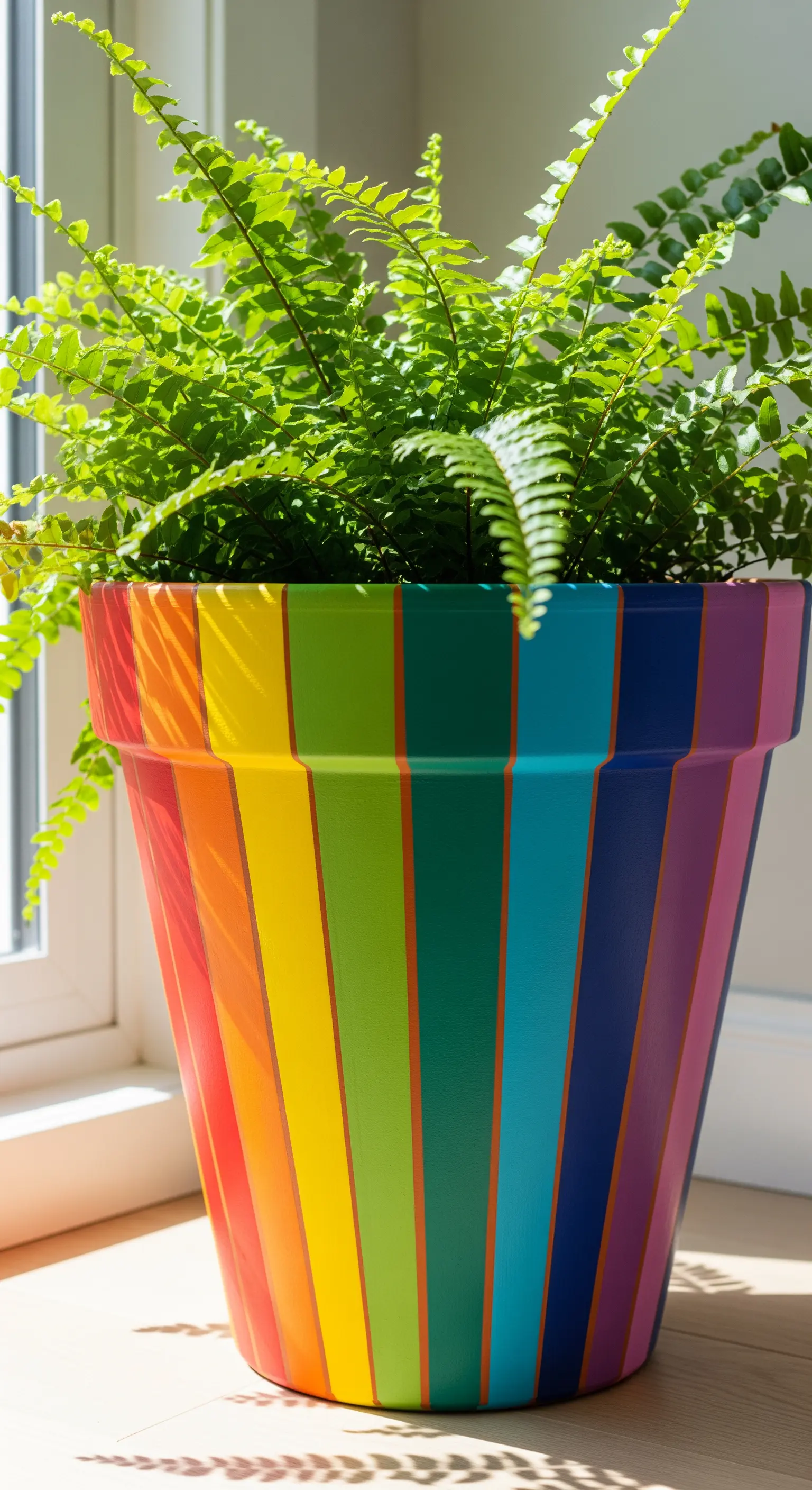Grande vaso da fiori dipinto con righe verticali nei colori dell'arcobaleno, con una felce.