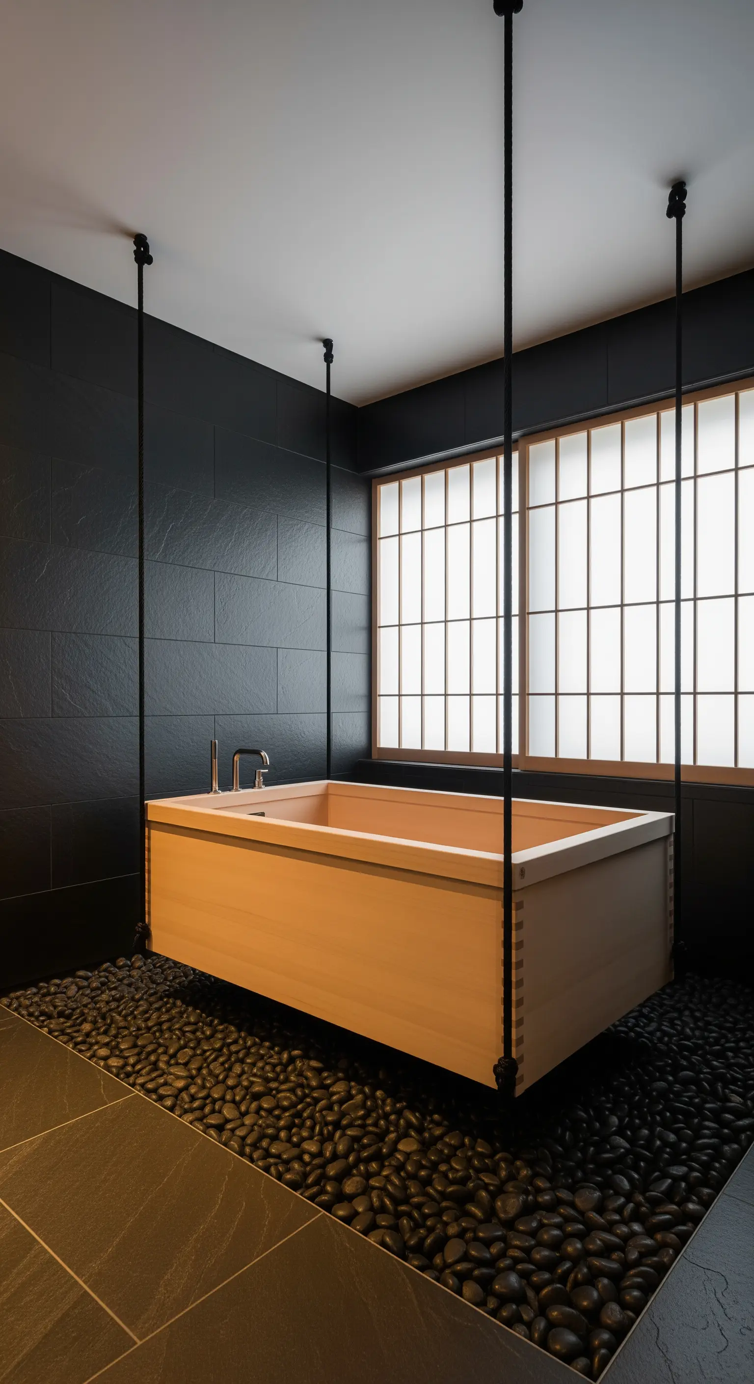 Vasca ofuro in legno sospesa con corde nere su un letto di ciottoli in un bagno scuro.