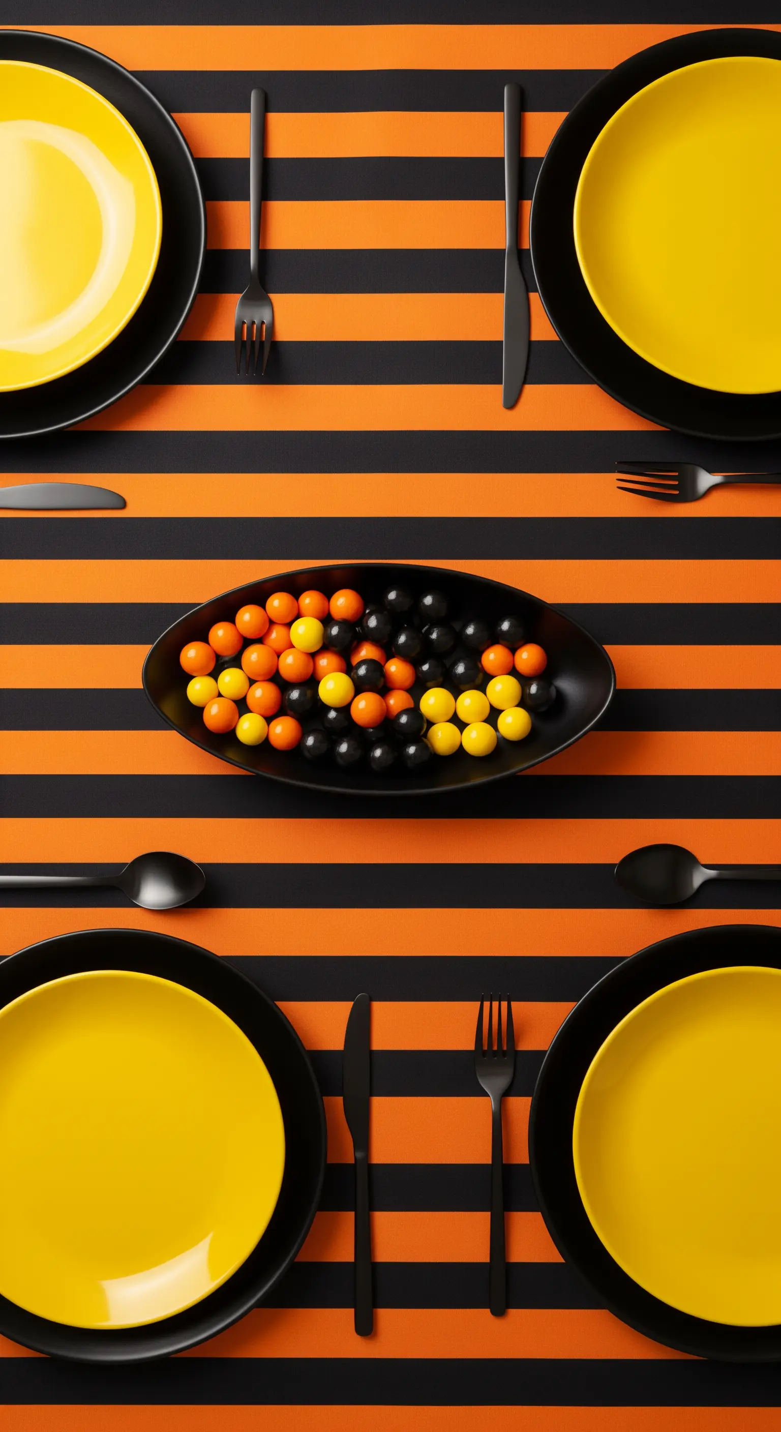 Tavola a righe nere e arancioni con piatti neri e gialli e posate nere.