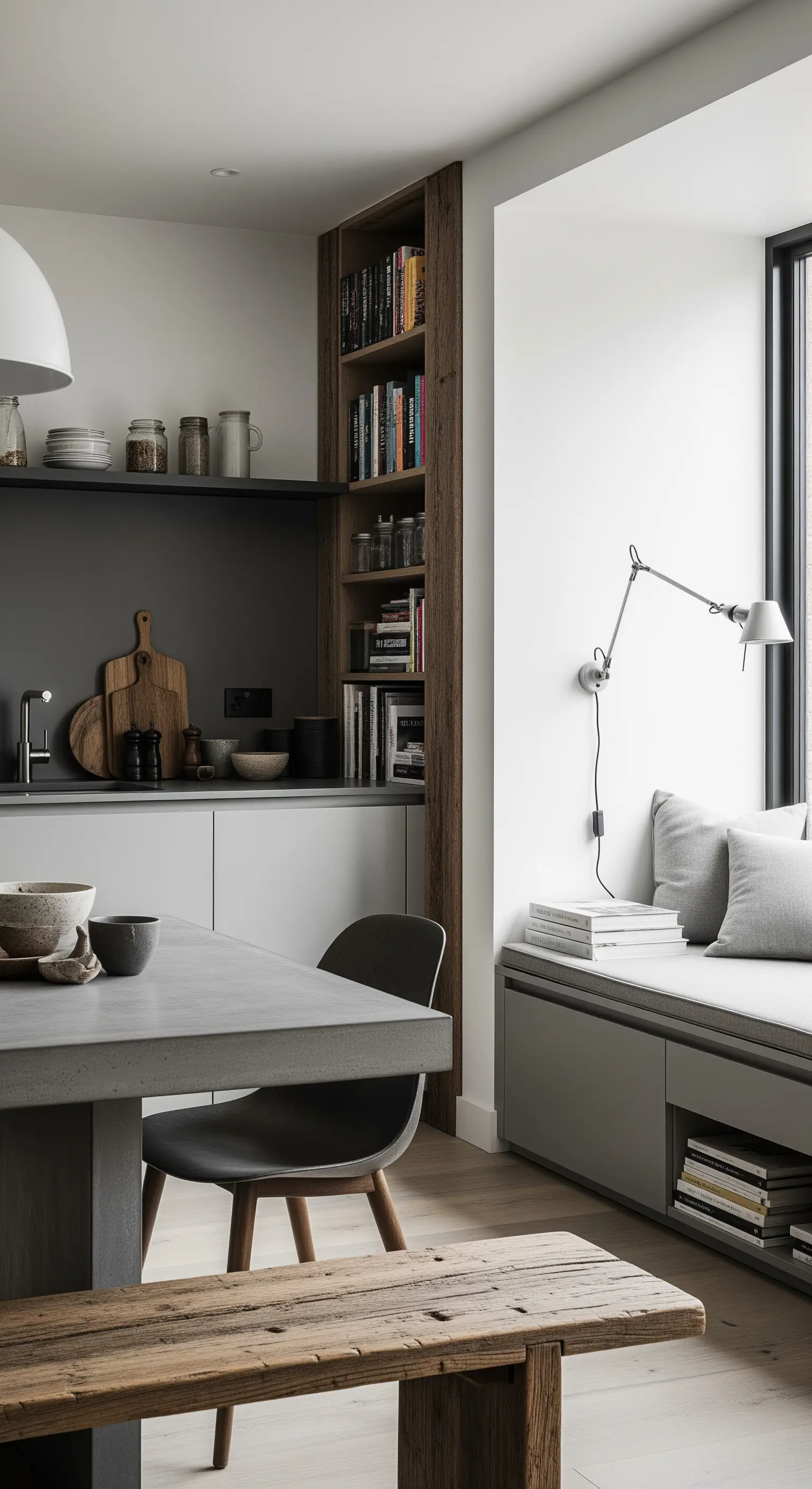 Cucina moderna grigia con tavolo in cemento, panca in legno grezzo e libreria verticale.
