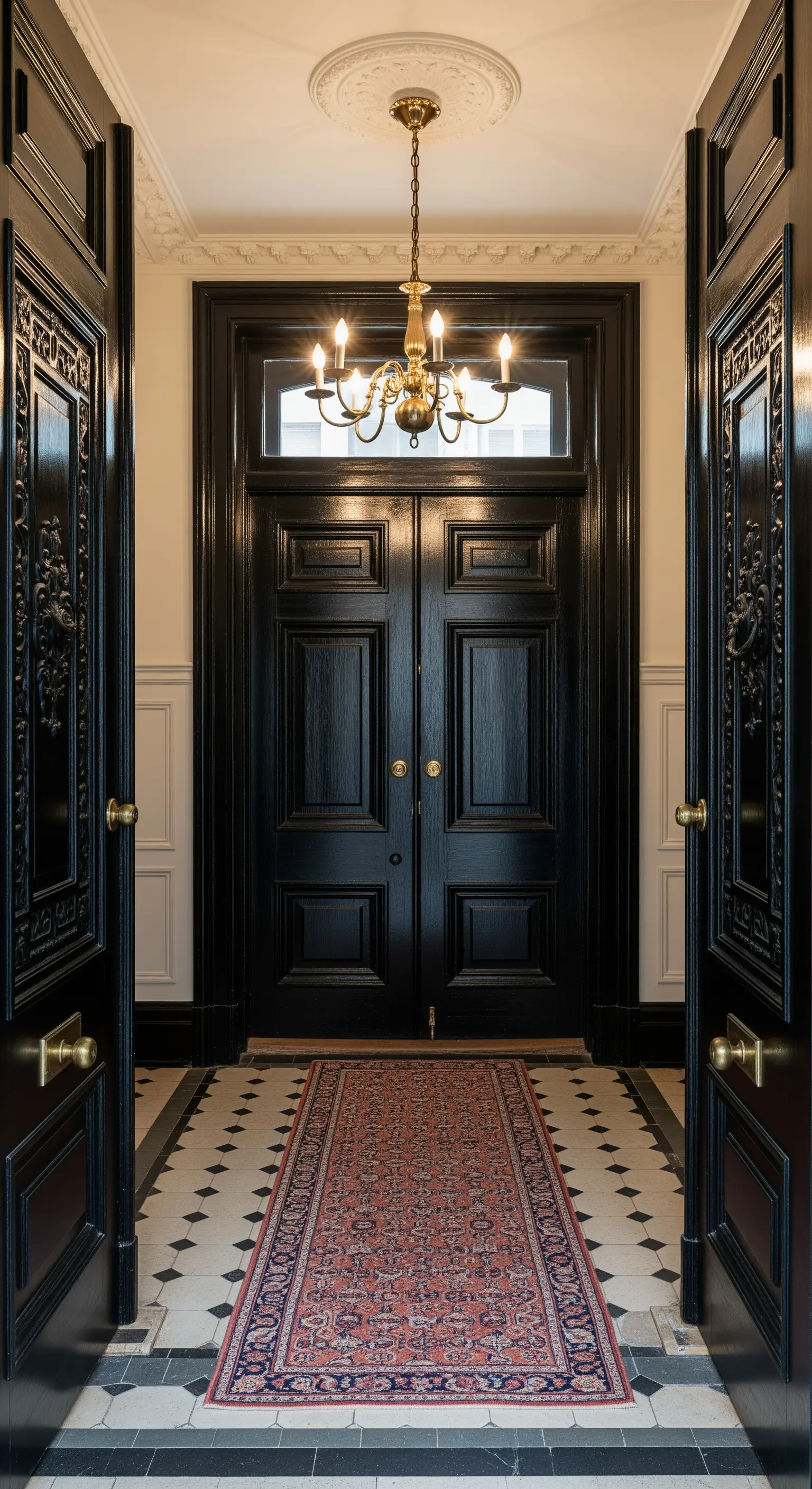 Ingresso vittoriano con porte nere laccate e pavimento a piastrelle bianche e nere.