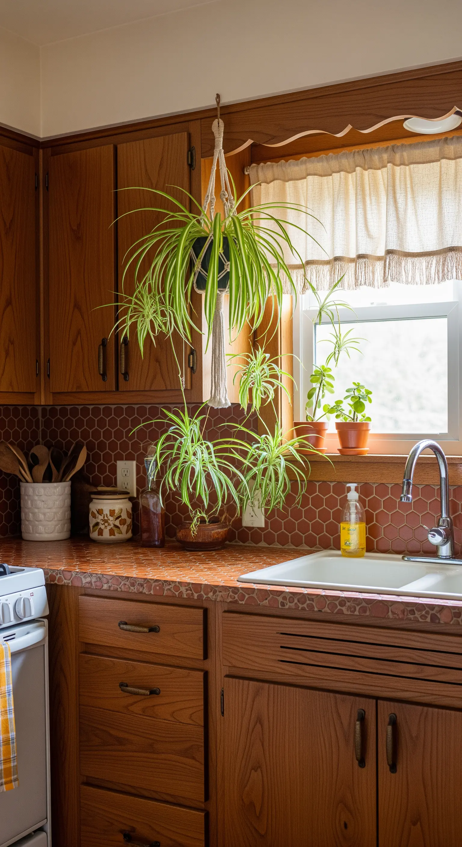 Cucina vintage con mobili in legno e paraschizzi in piastrelle esagonali terracotta.