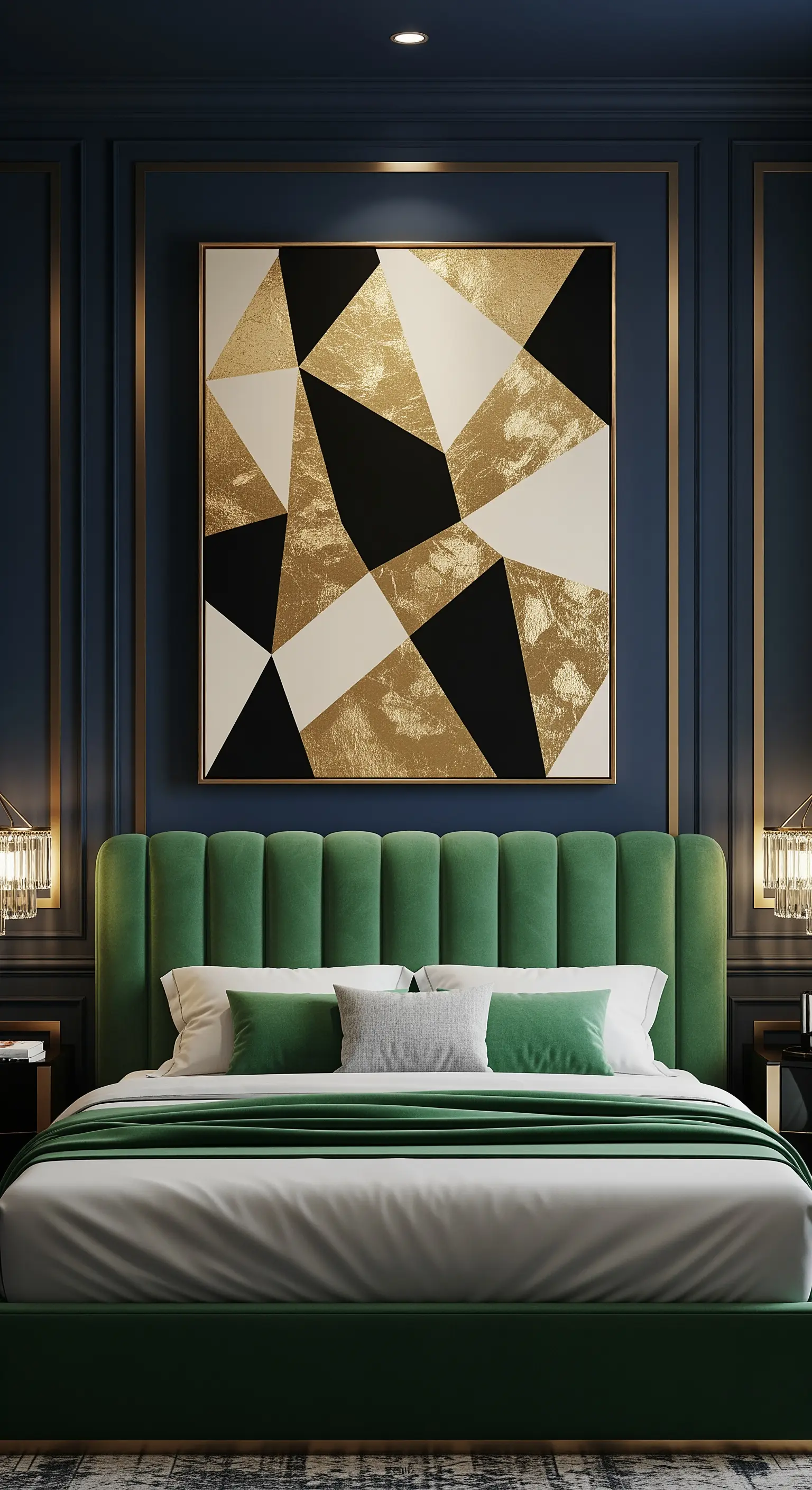 Quadro astratto geometrico con dettagli in foglia d'oro sopra un letto con testiera in velluto verde.