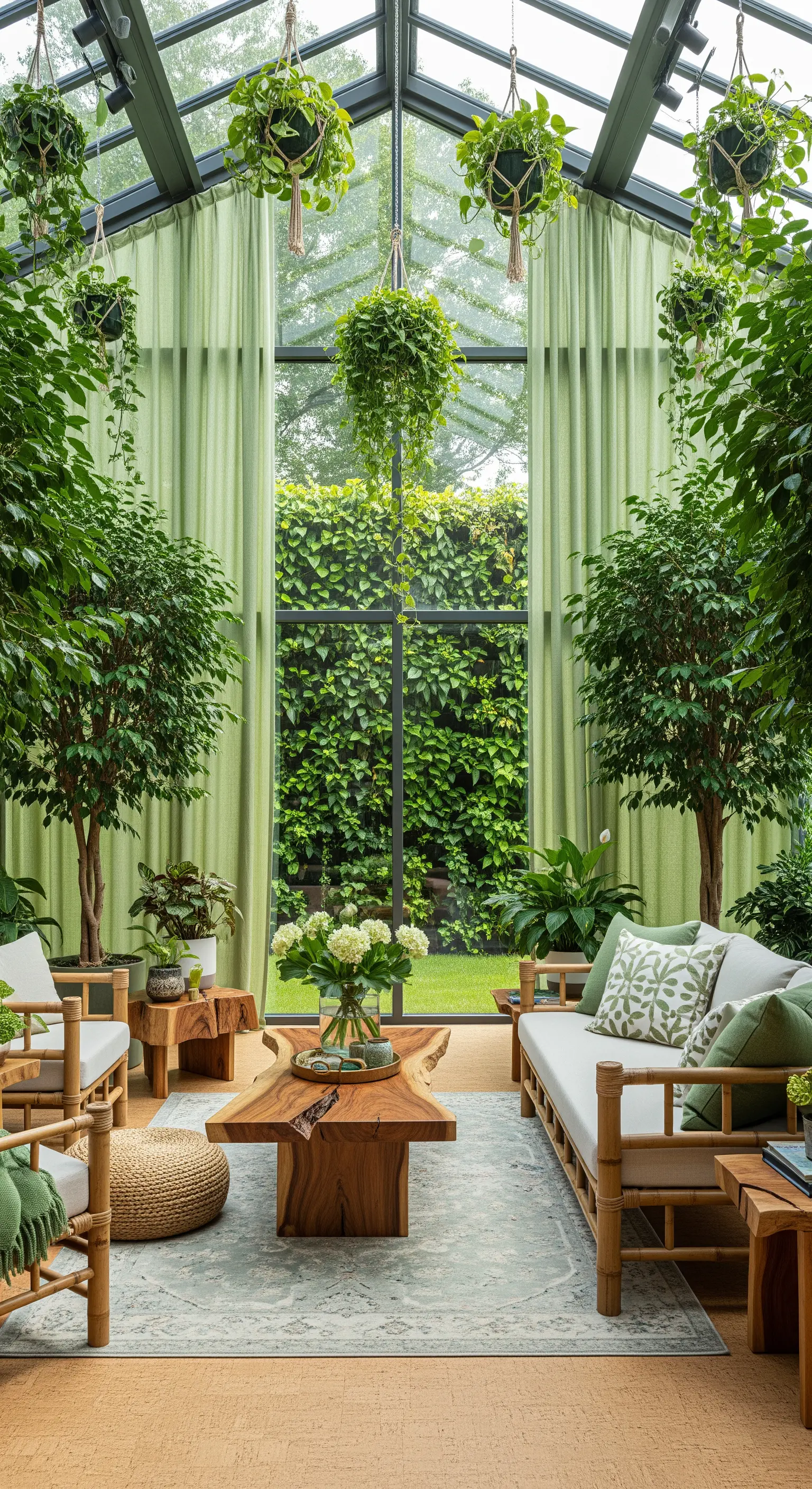 Giardino d'inverno lussureggiante con piante, mobili in bambù e tende verde salvia.