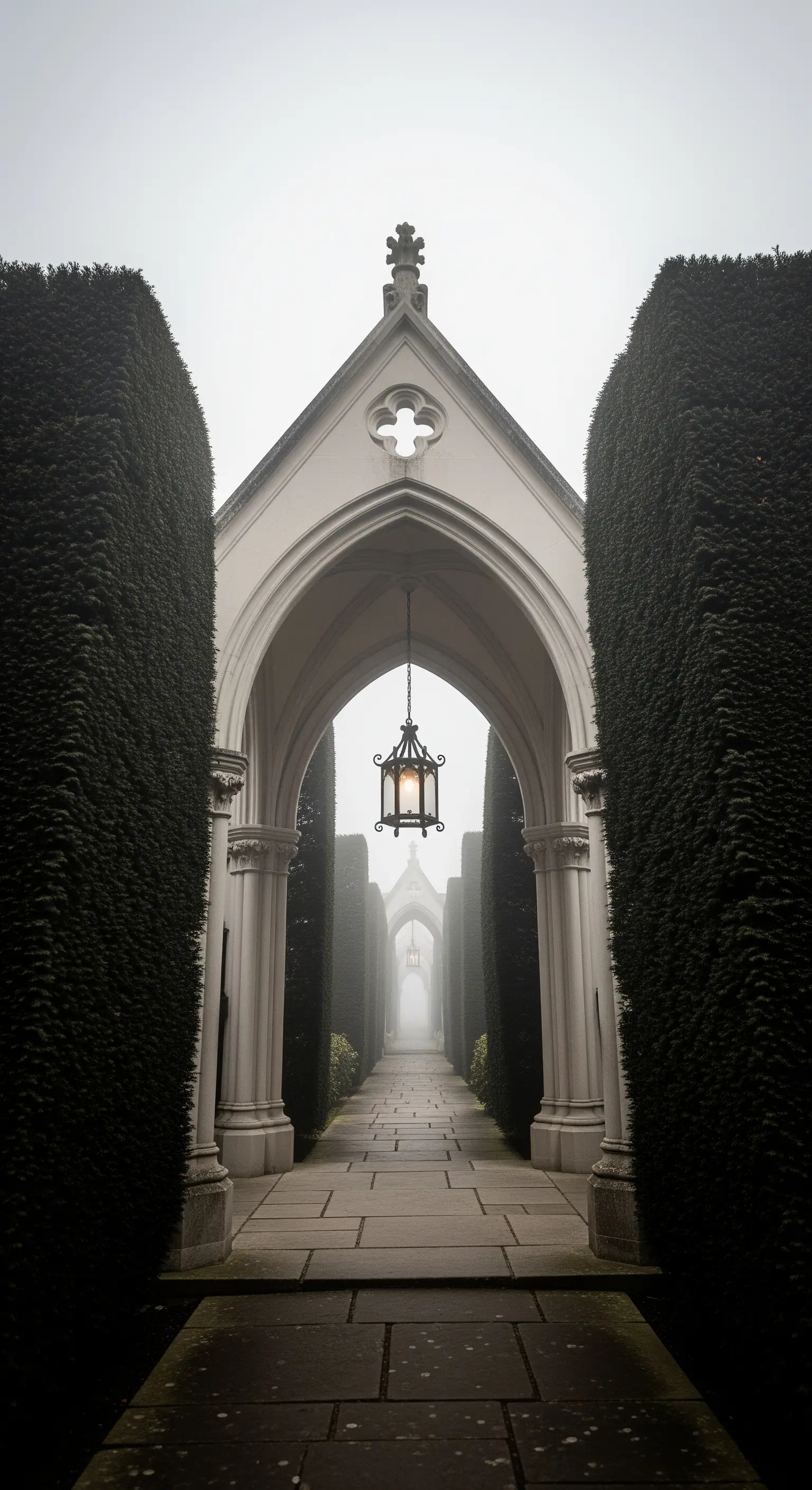 Lungo corridoio esterno con archi gotici, colonne e lanterne sospese che creano una prospettiva.