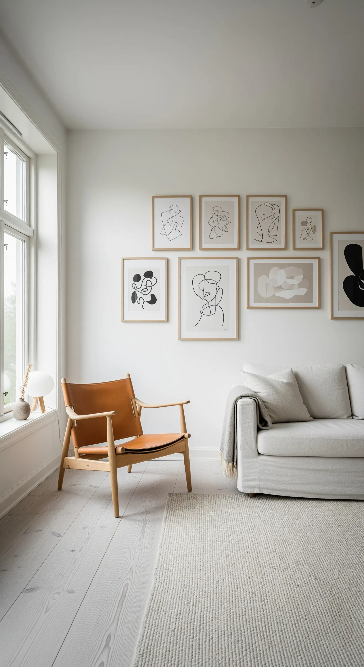 Poltrona di design in cuoio e legno chiaro accanto a un divano bianco e una galleria di stampe.