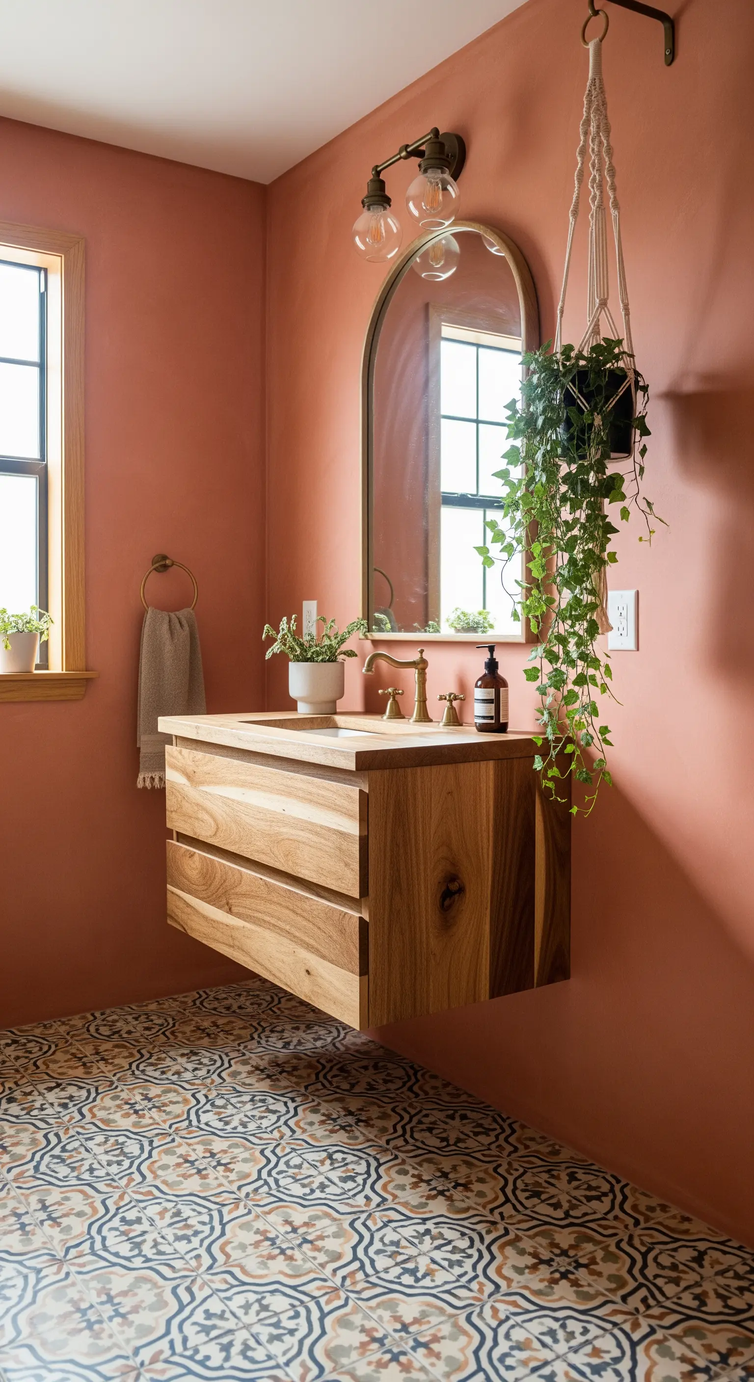 Mobile sospeso in legno naturale contro una parete color terracotta e pavimento decorato.