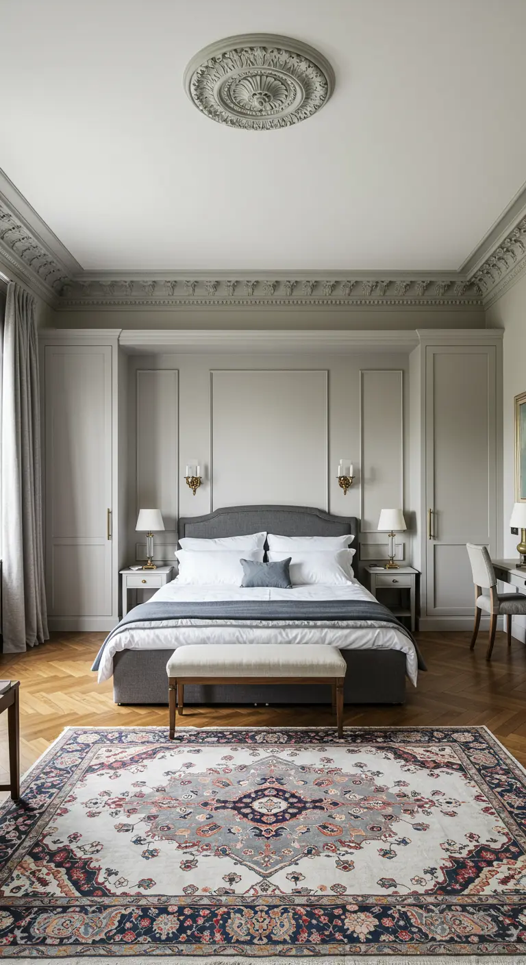 Camera da letto classica con modanature e soffitti alti, con una semplice scrivania in un angolo.