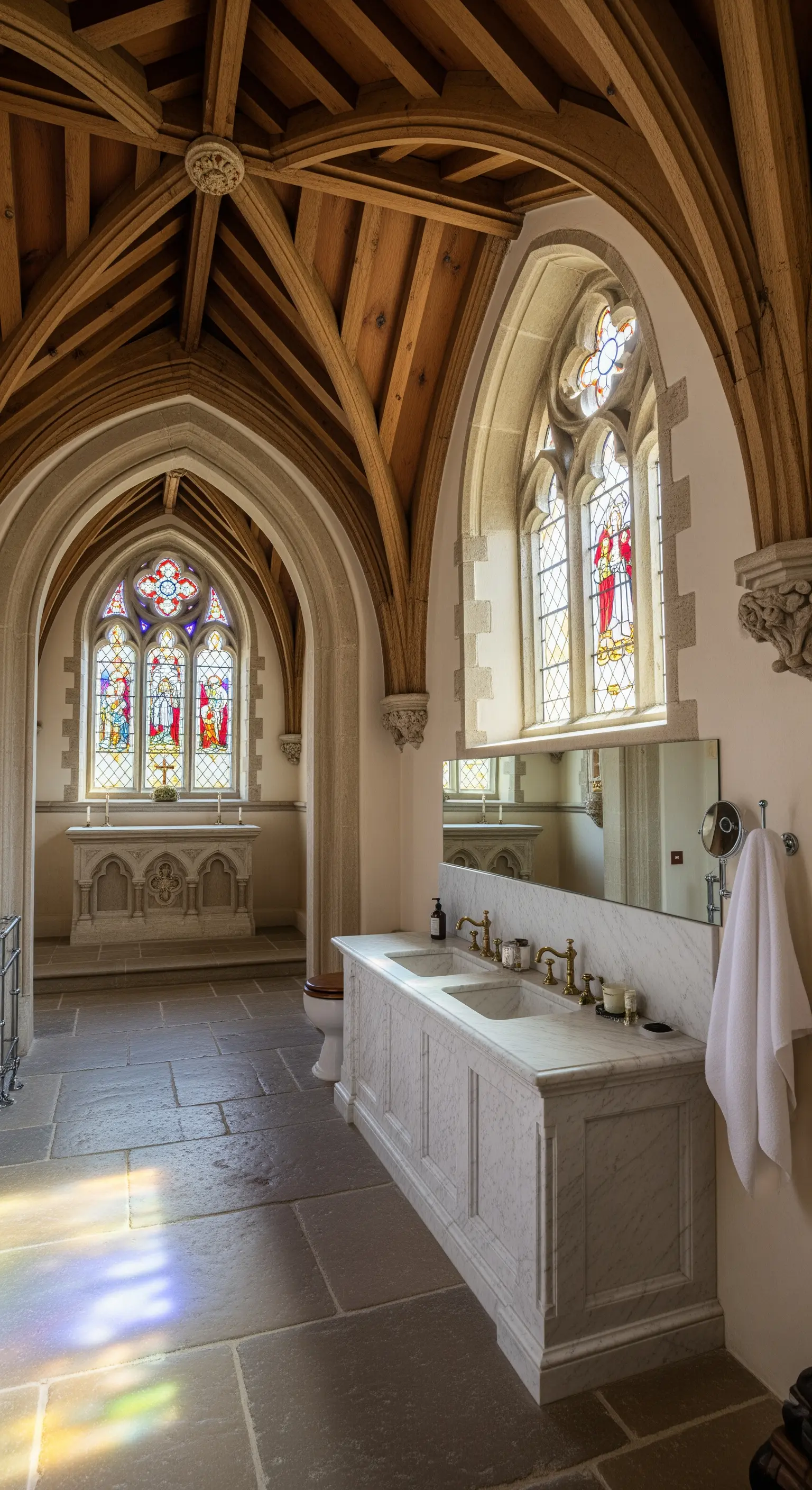 Bagno in una cappella antica con volte a crociera, vetrate colorate e mobile in marmo.