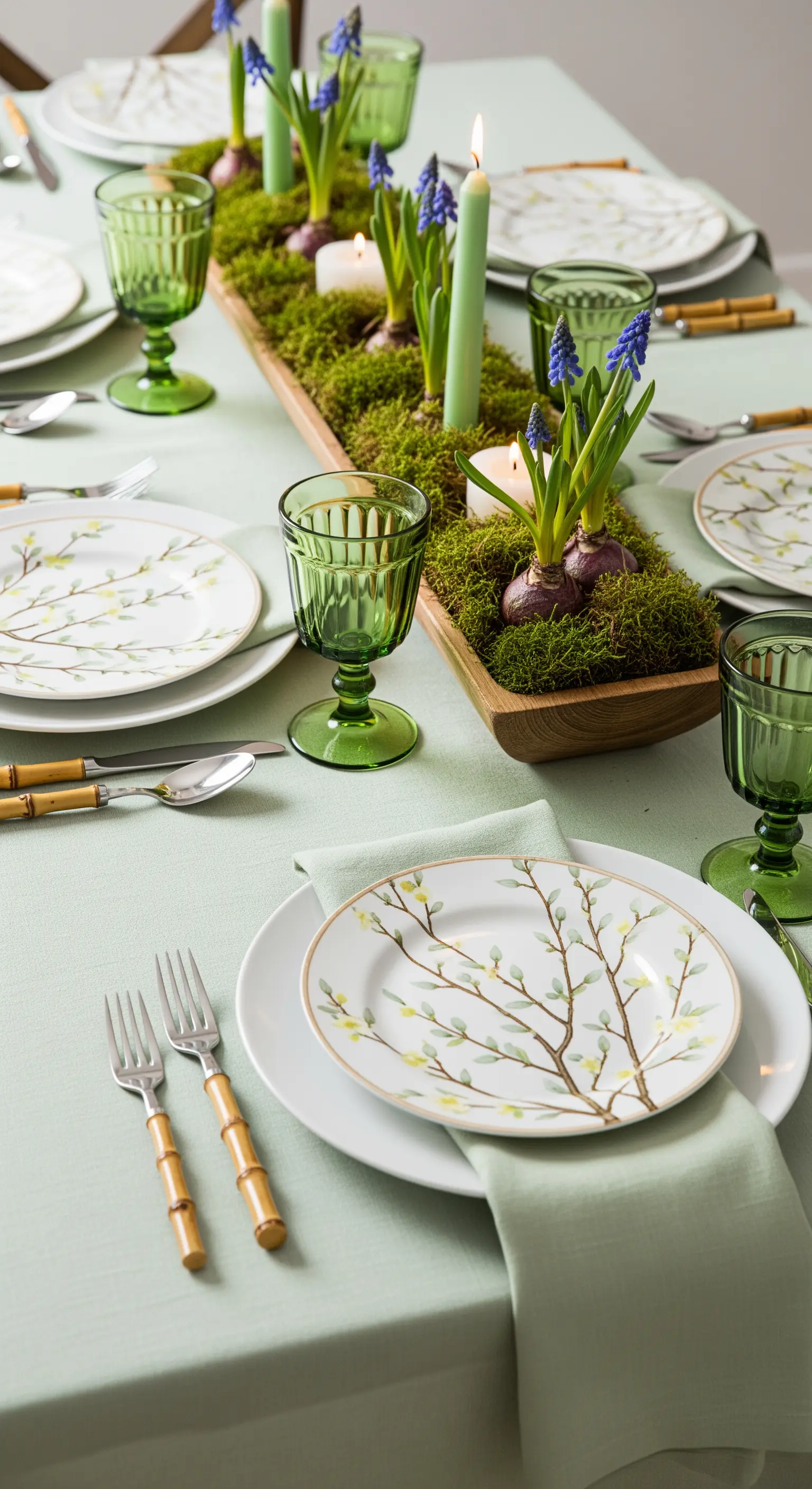 Tavola primaverile con centrotavola di muschio e bulbi di giacinto e piatti a tema botanico