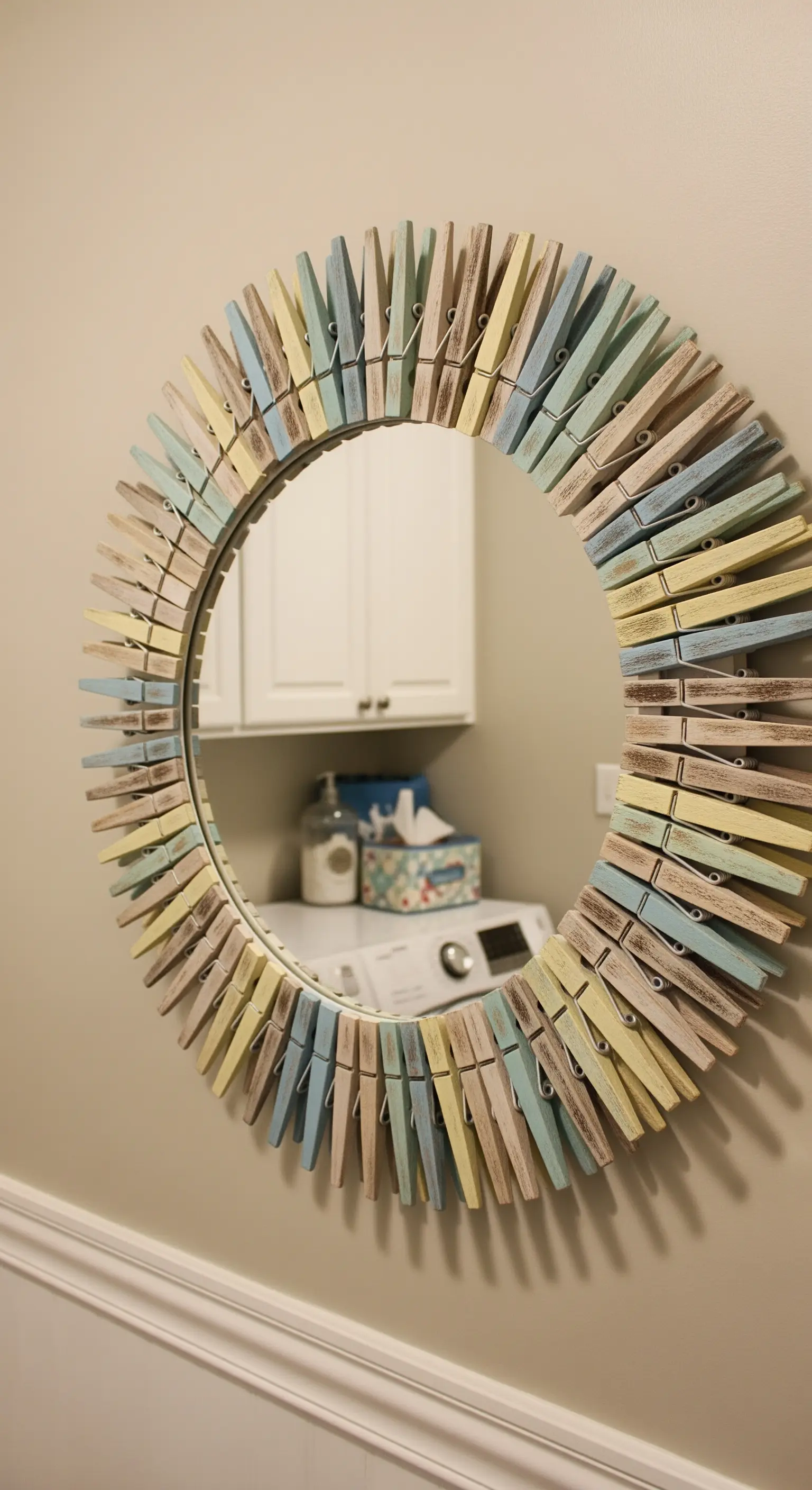 Specchio rotondo decorato con mollette da bucato in legno dipinte con colori pastello.
