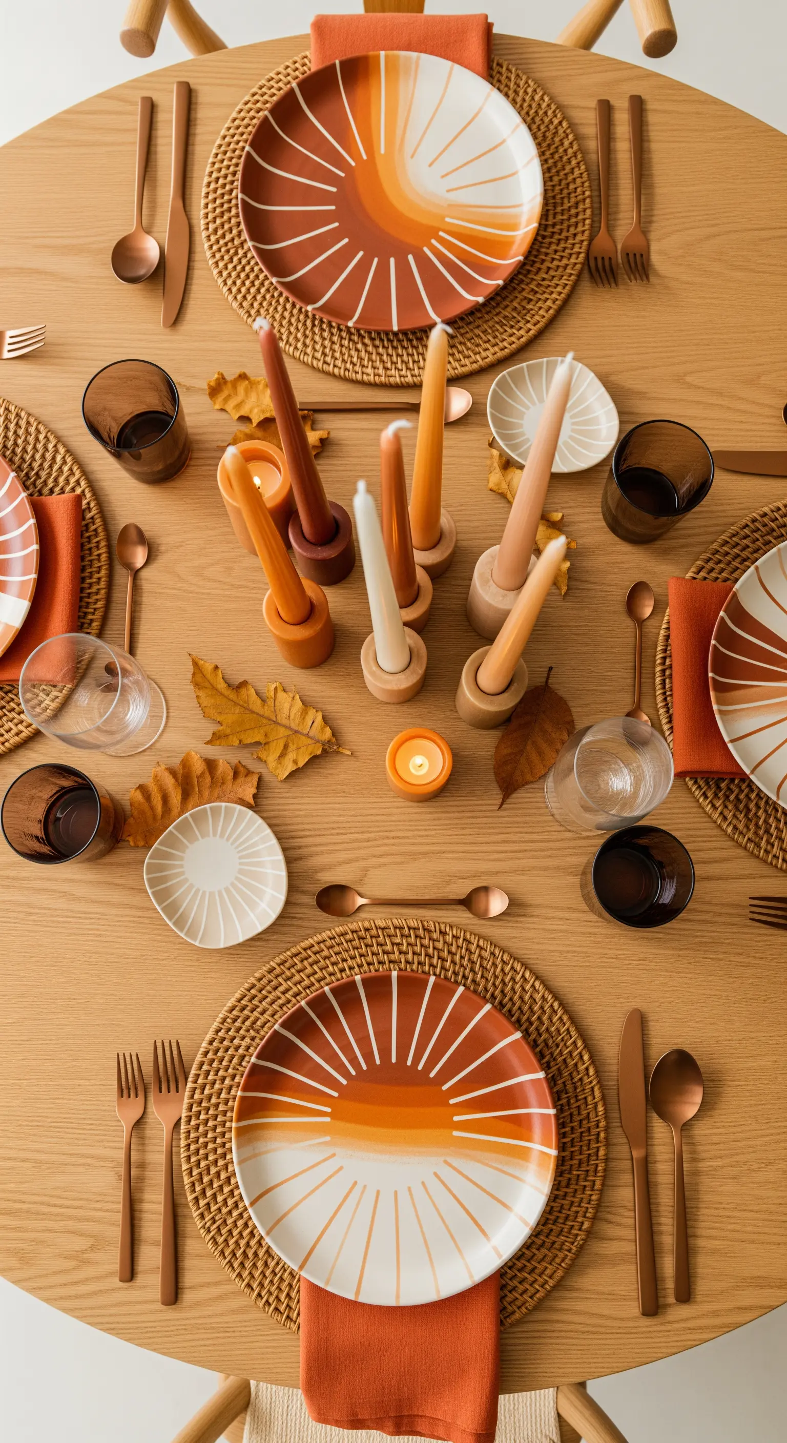 Tavola rotonda con piatti a spicchi arancioni, sottopiatti in rattan e candele colorate.