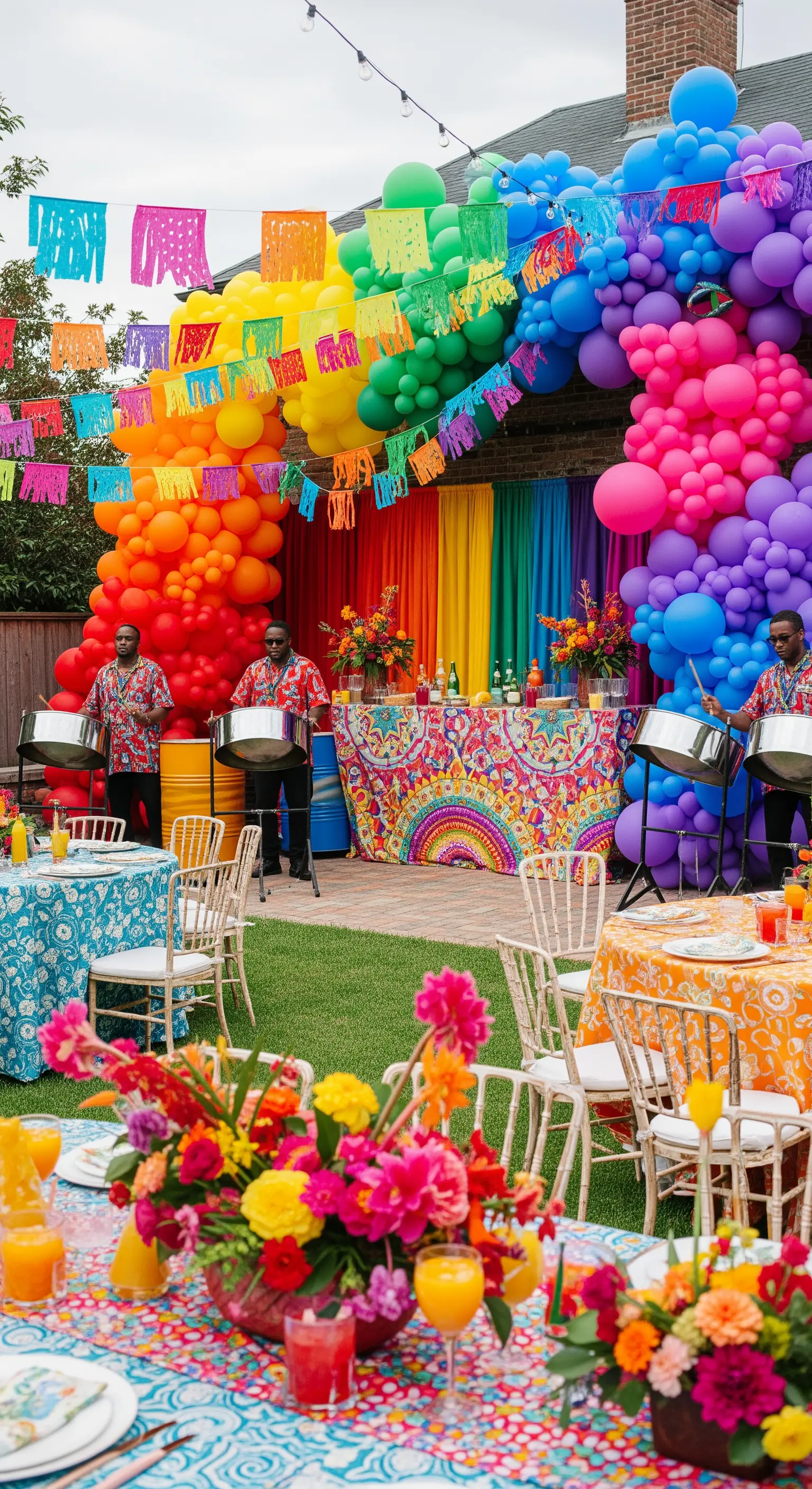 Festa all'aperto super colorata con arco di palloncini arcobaleno e tovaglie a fantasia.