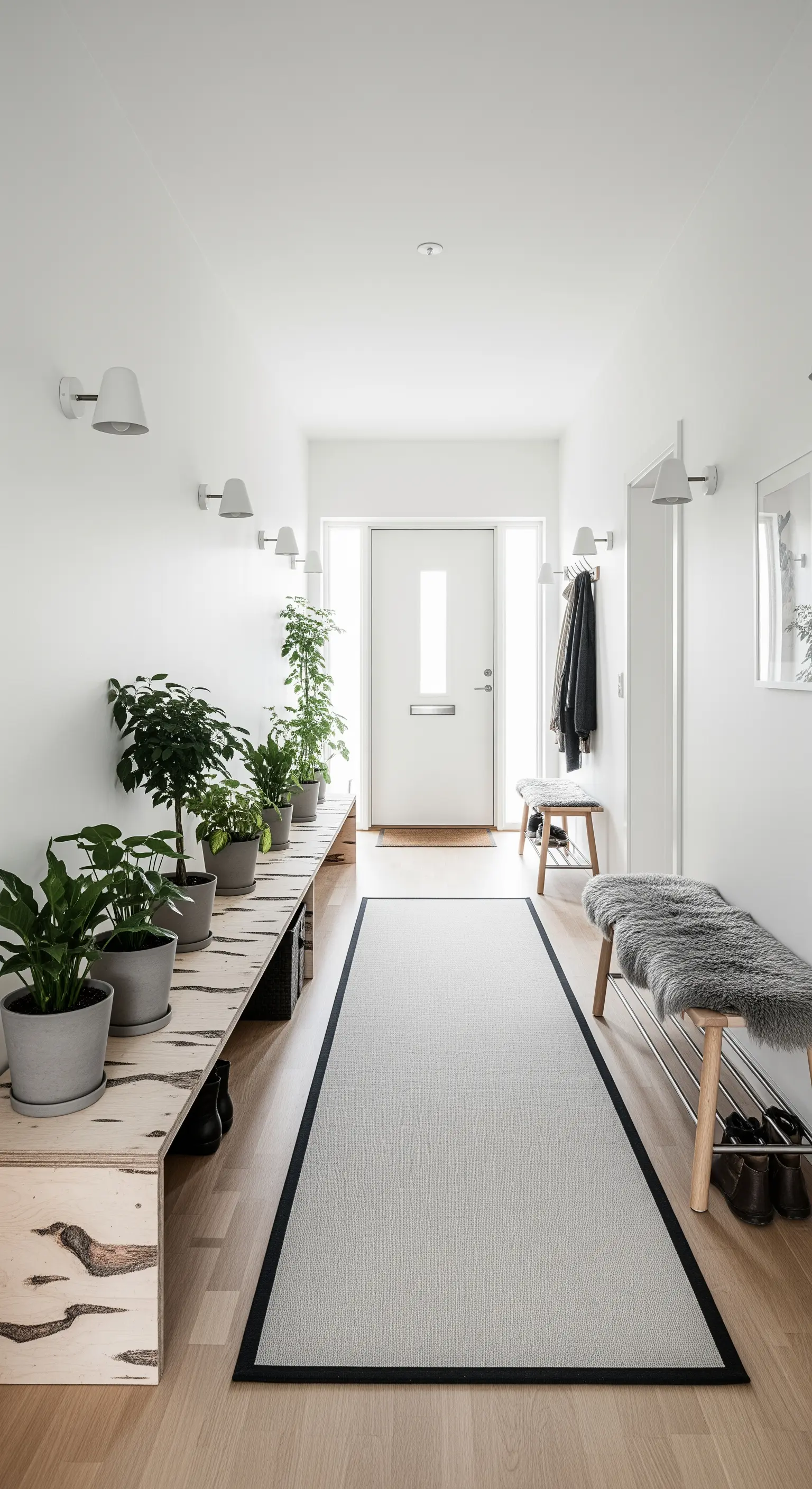 Lungo corridoio d'ingresso con una panca bassa piena di piante e applique a parete.