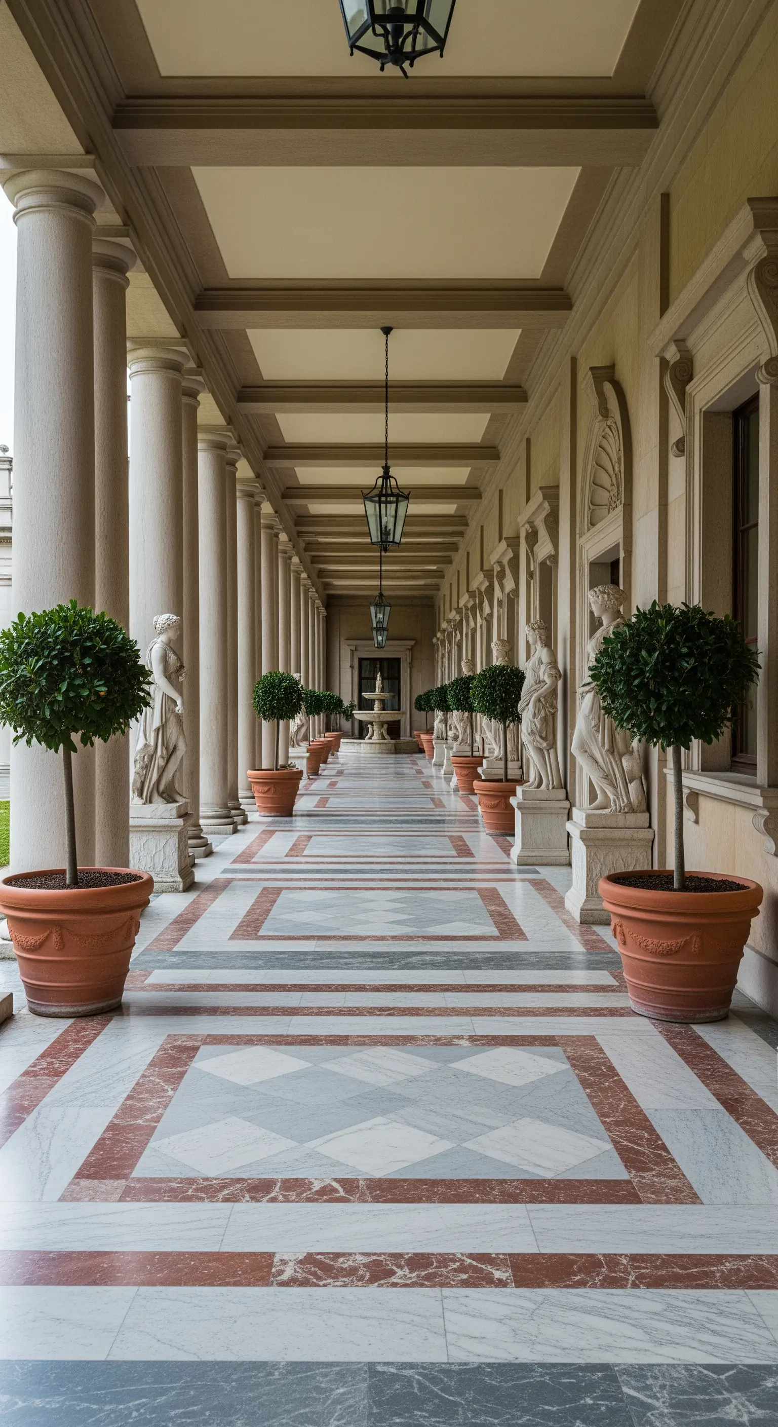 Lungo portico con colonnato, pavimento in marmo a motivi geometrici, statue e alberelli in vaso.