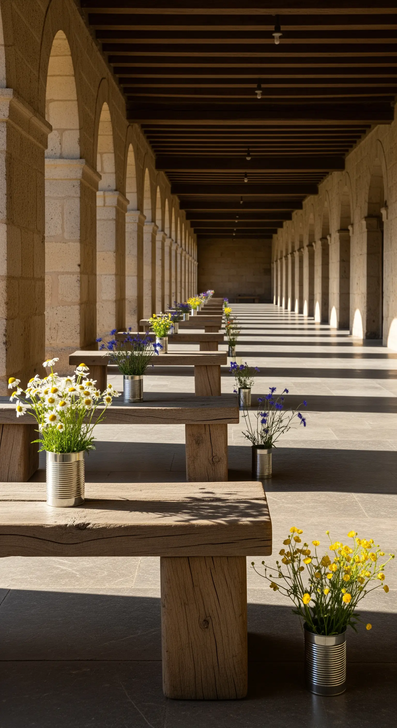 Lungo porticato con colonne e panche in legno, decorate con fiori di campo in barattoli di latta.