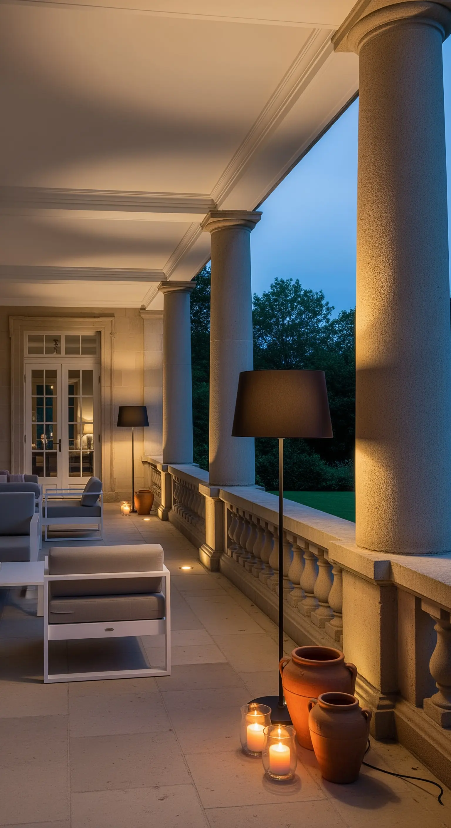Ampia terrazza in pietra con colonne, arredi moderni e una serie di lampade da terra nere.