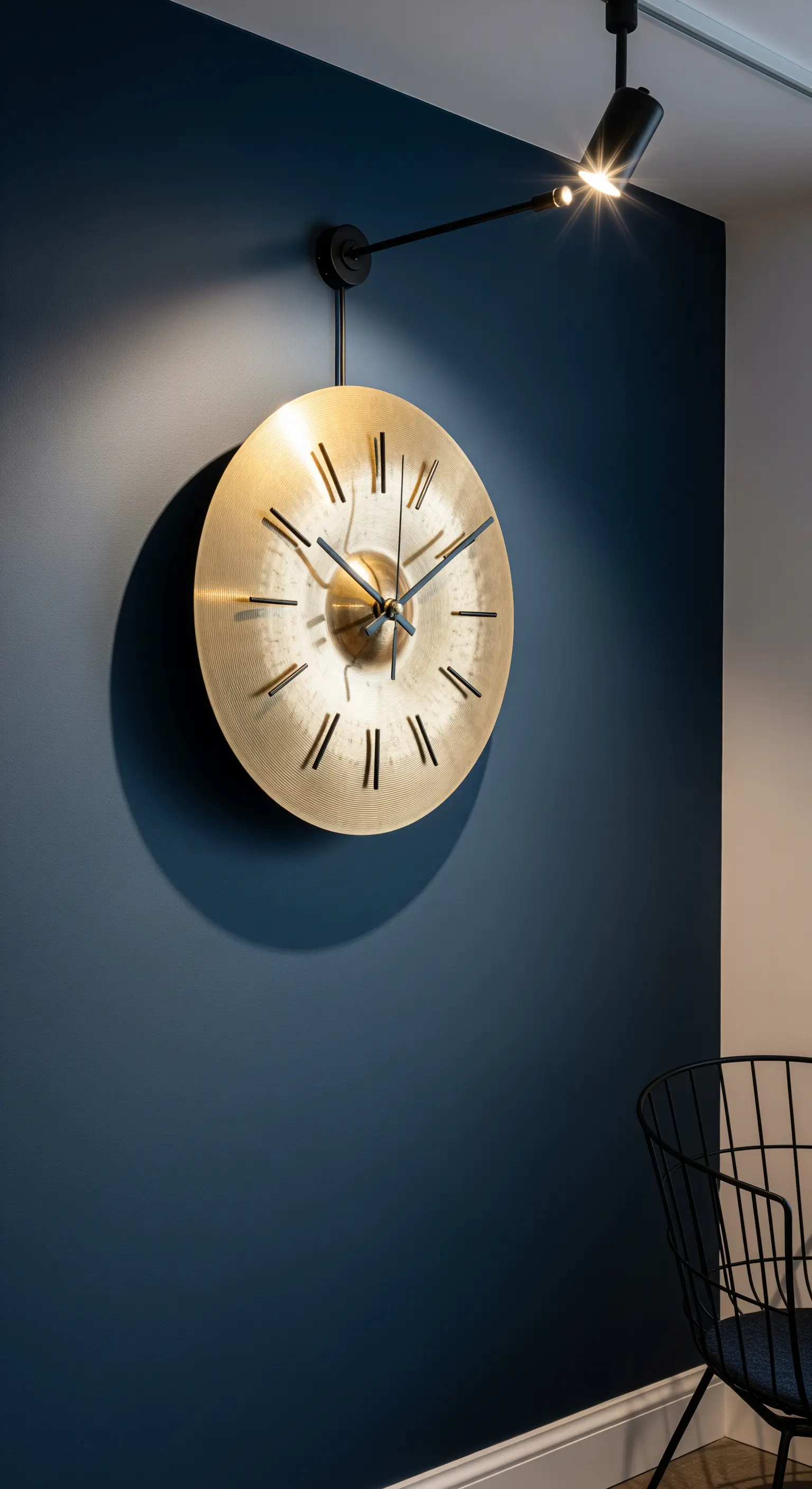 Un piatto da batteria in ottone convertito in un elegante orologio da parete moderno.