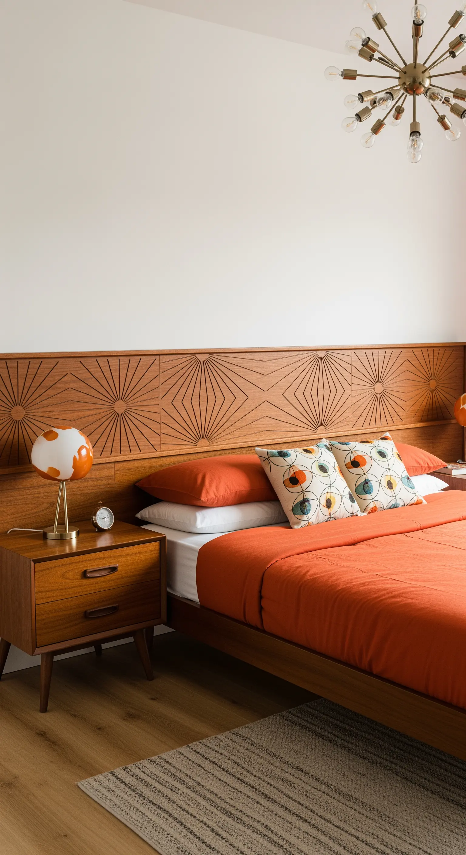 Testiera in teak in stile Mid-Century Modern con un motivo geometrico a raggiera.