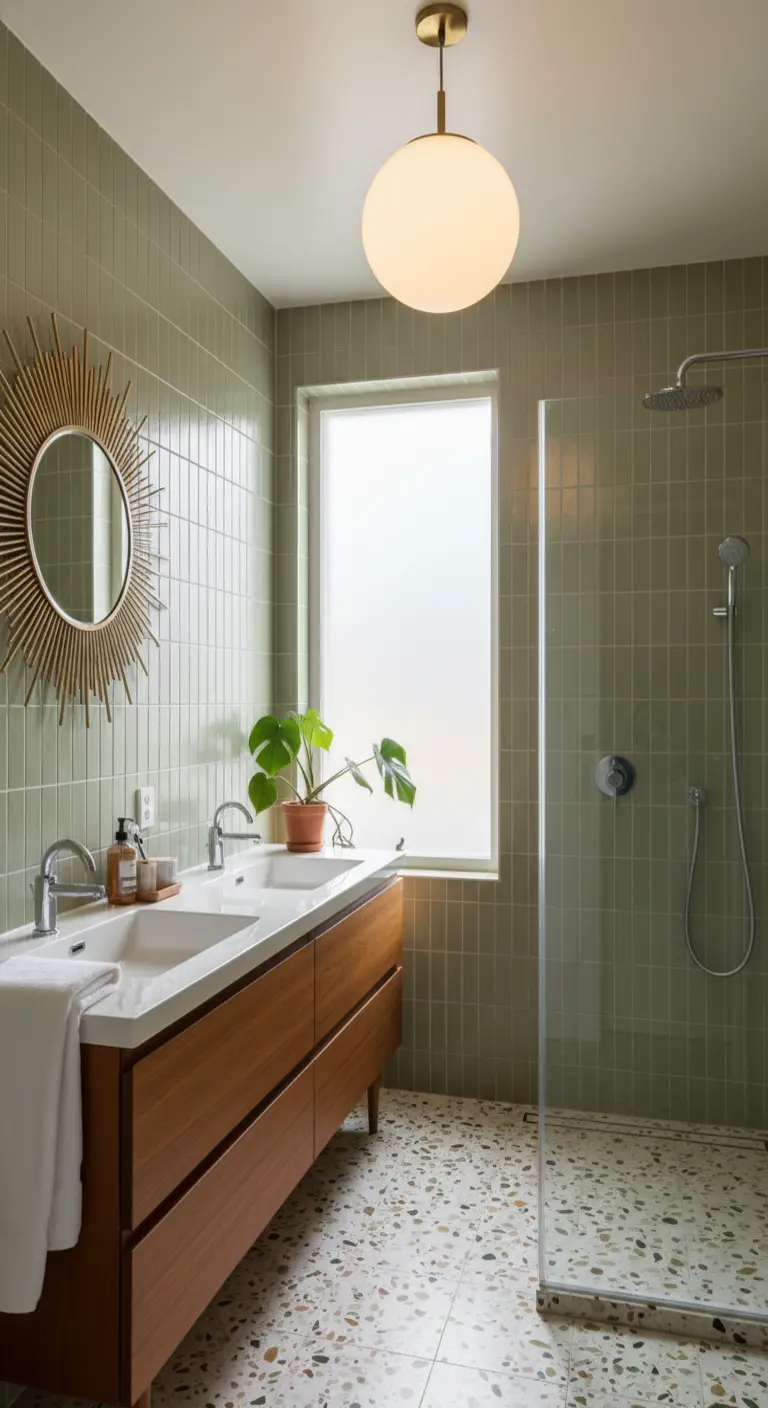 Bagno Mid-century con piastrelle verdi, pavimento in terrazzo e mobile in legno con doppio lavabo.