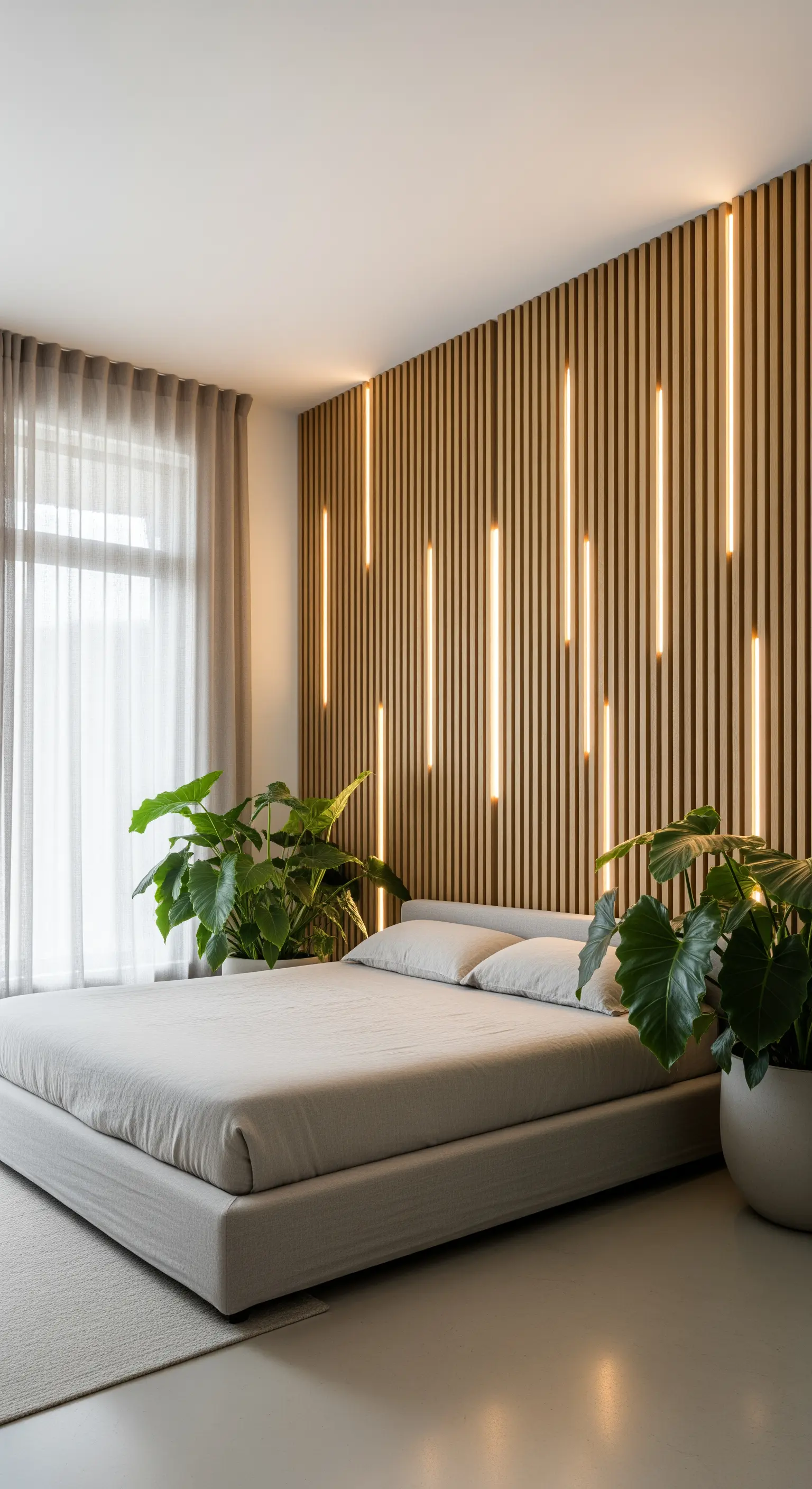 Parete in listelli di legno con luci LED verticali e grandi piante verdi ai lati del letto.