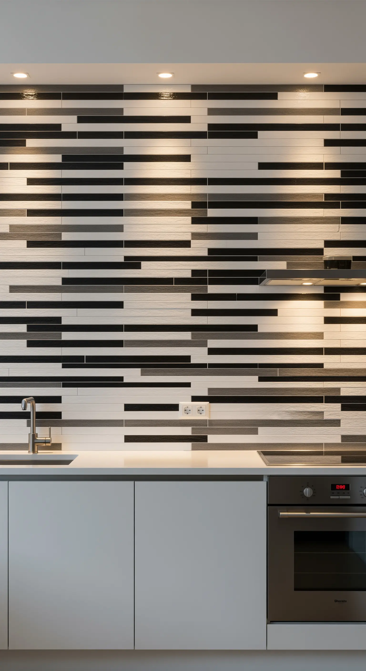 Paraschizzi con piastrelle a listelli orizzontali in bianco, nero e grigio.