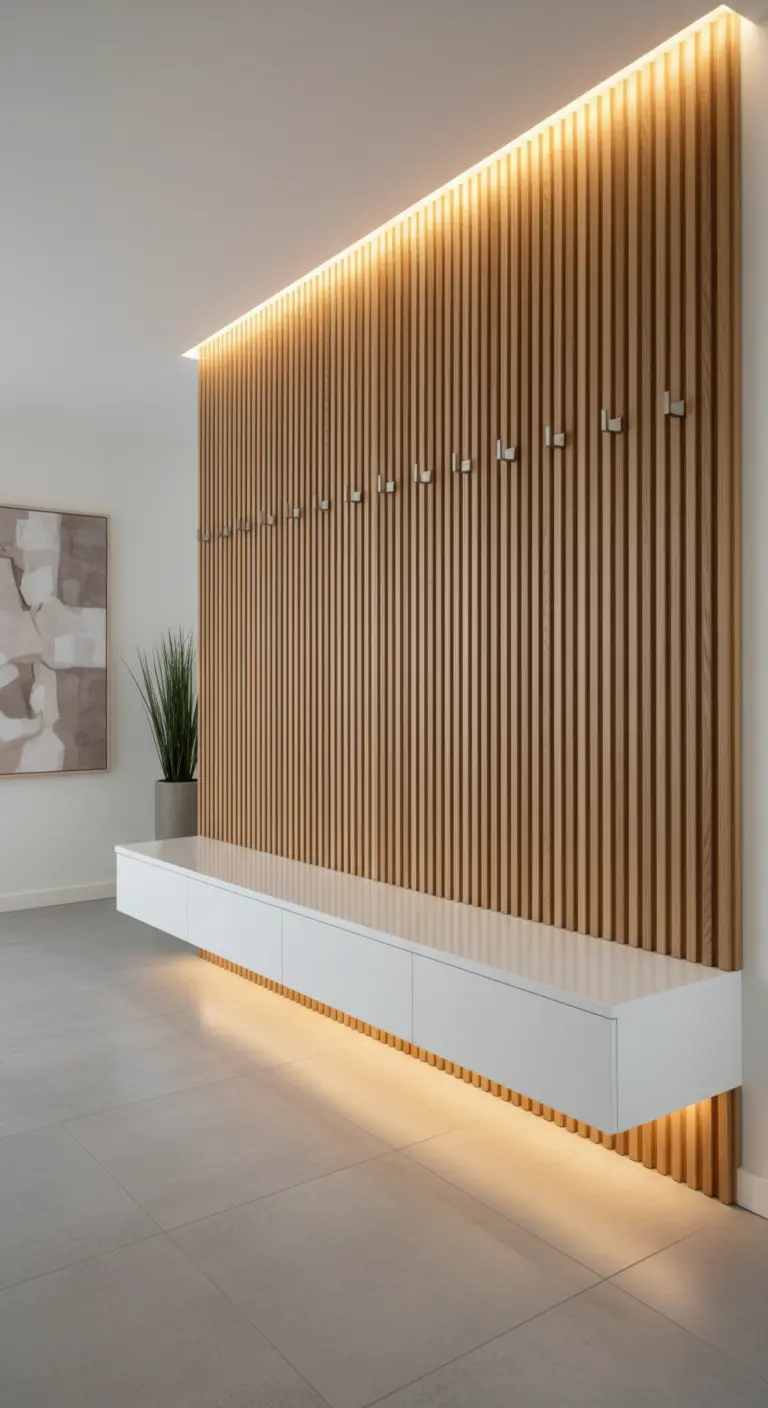 Parete a listelli di legno con illuminazione integrata e panca bianca sospesa.