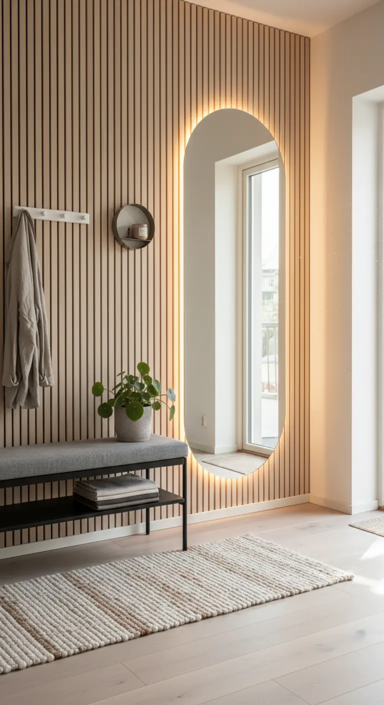 Specchio ovale retroilluminato su una parete a listelli di legno chiaro.