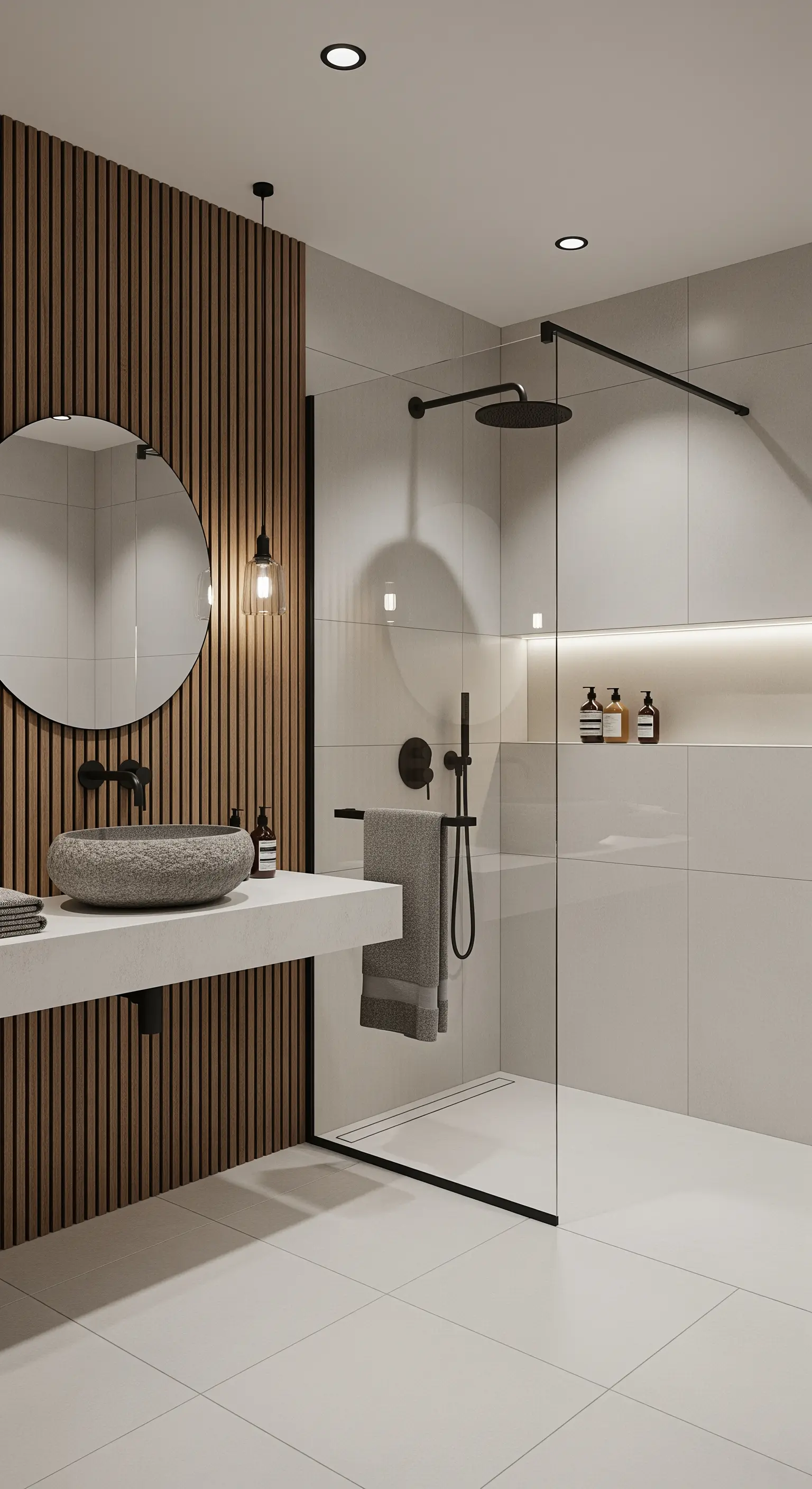 Bagno con parete in listelli di legno, lavabo in pietra e doccia con nicchia illuminata.