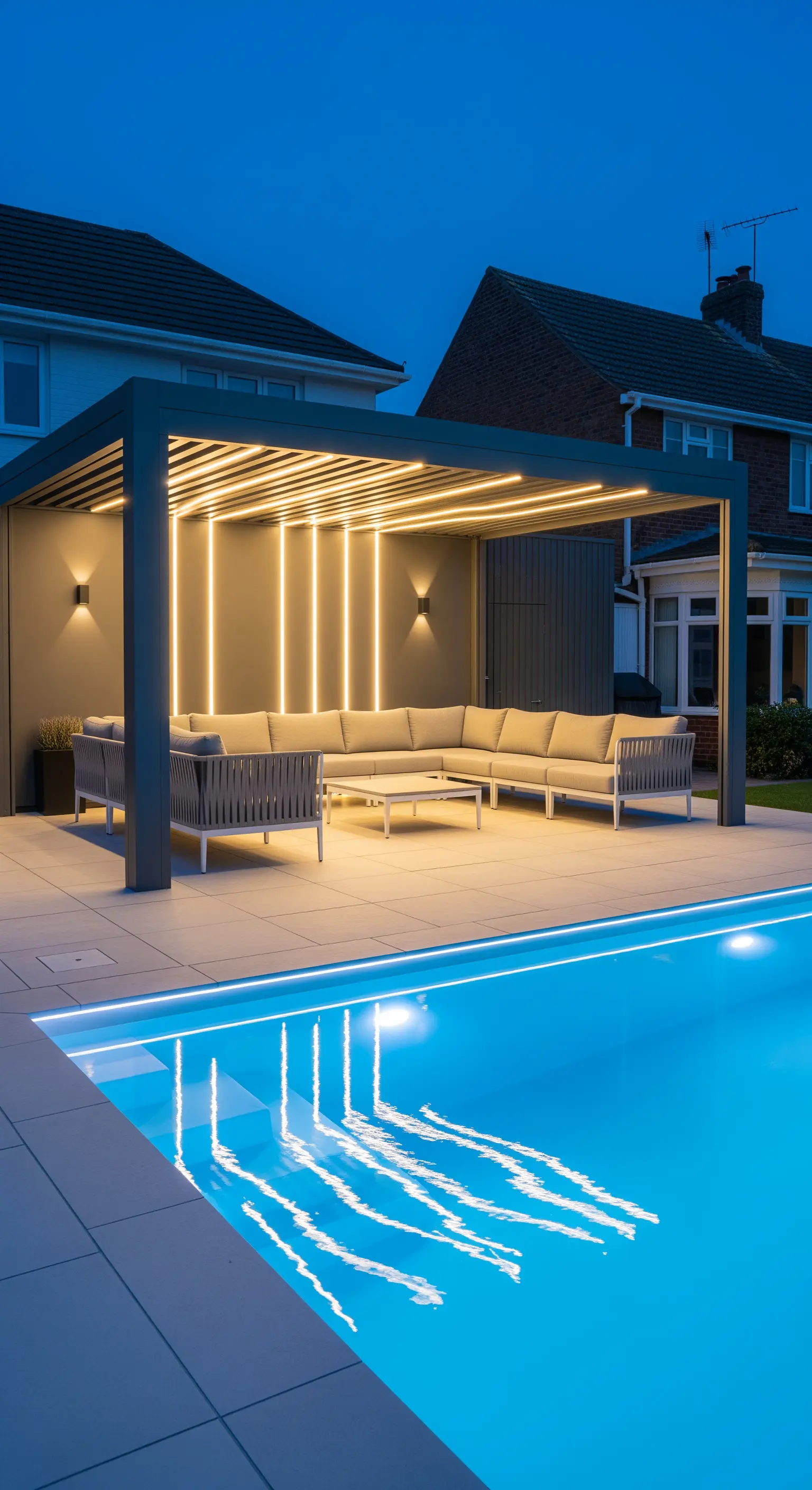 Pergola moderna grigia con luci LED verticali integrate, sopra un divano modulare a bordo piscina.
