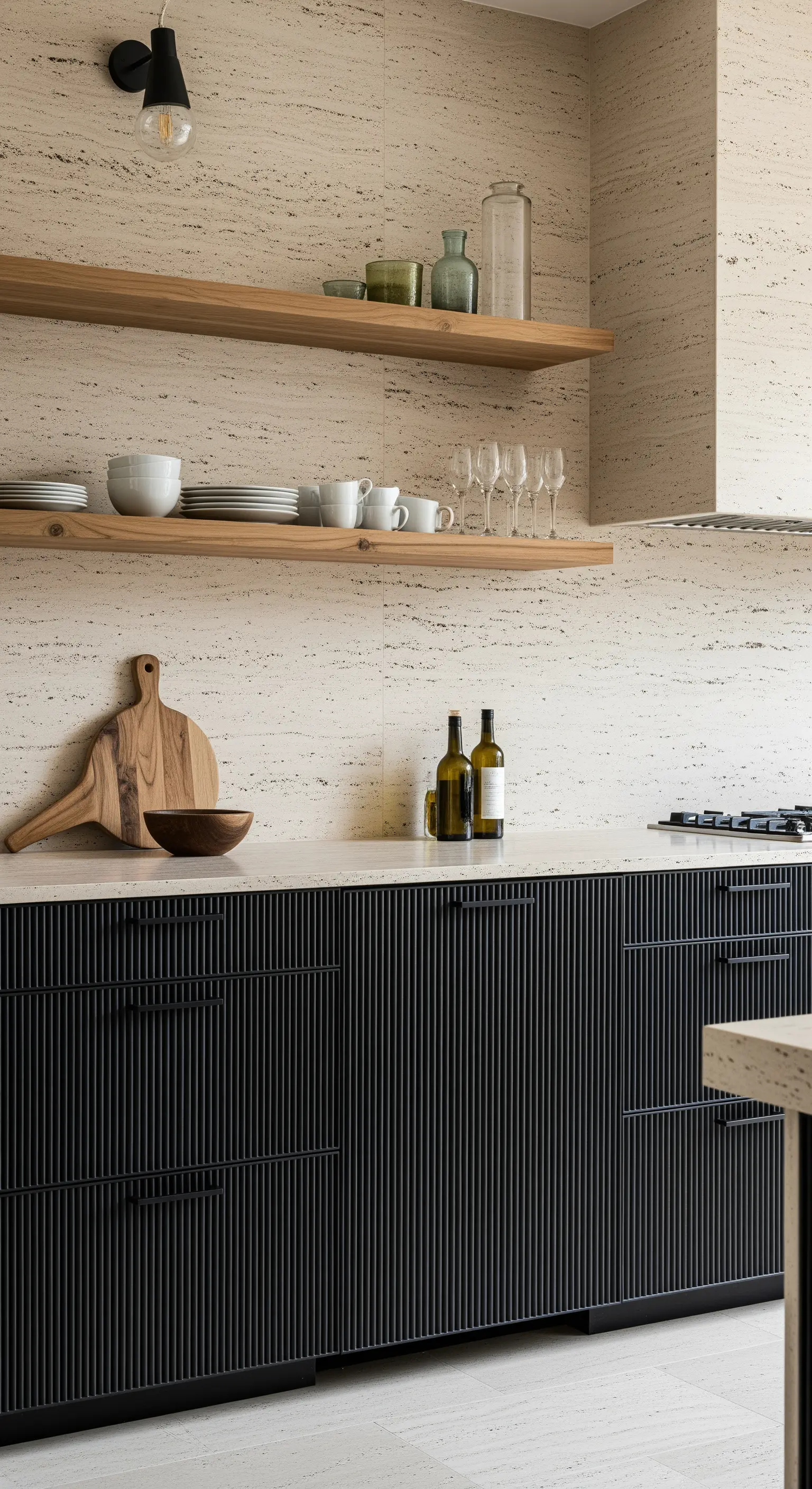 Basi cucina nere con finitura a listelli verticali e mensole in legno su parete in travertino.