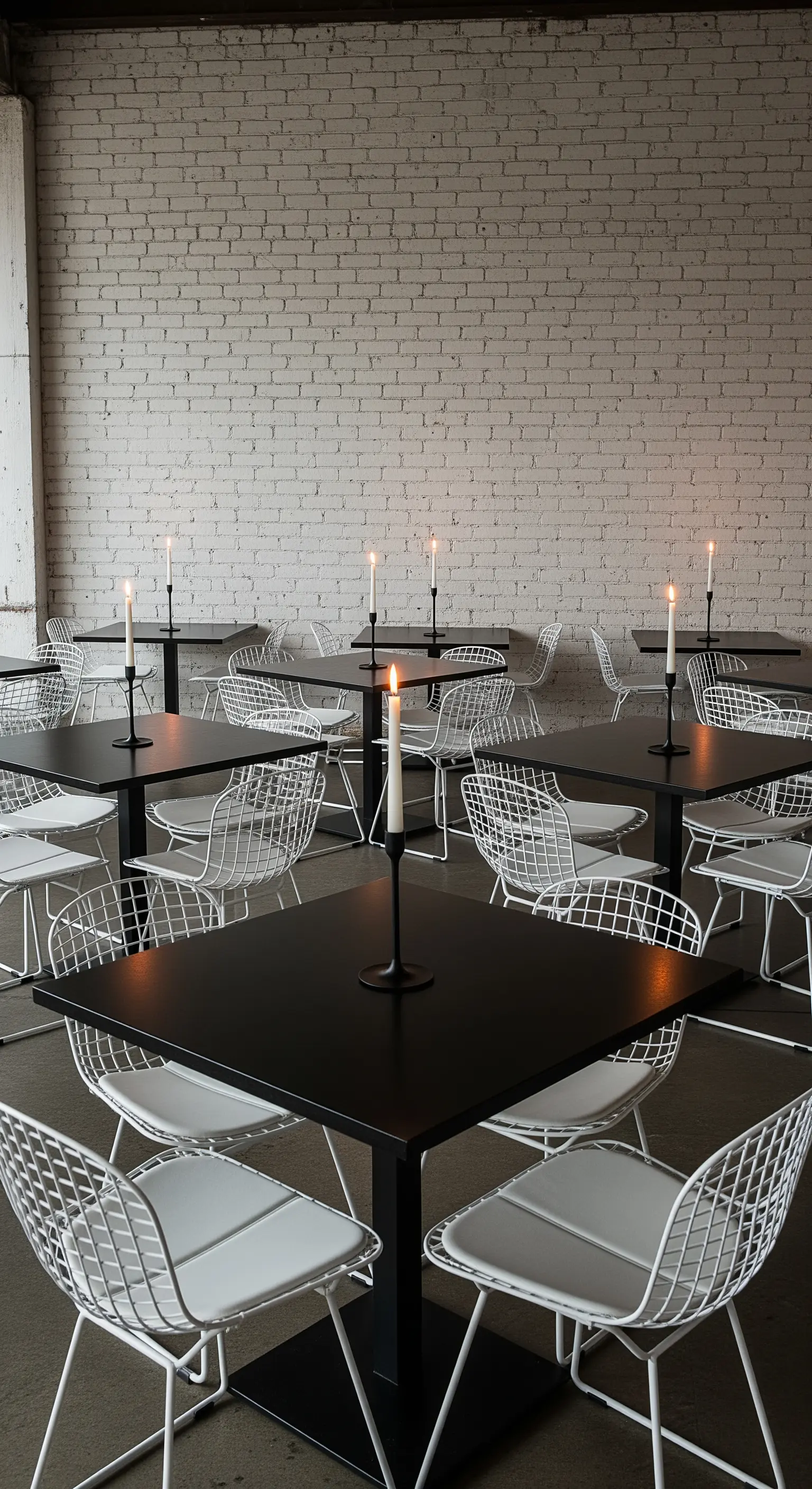 Tavoli neri con sedie a rete bianche e candele in un locale minimalista.