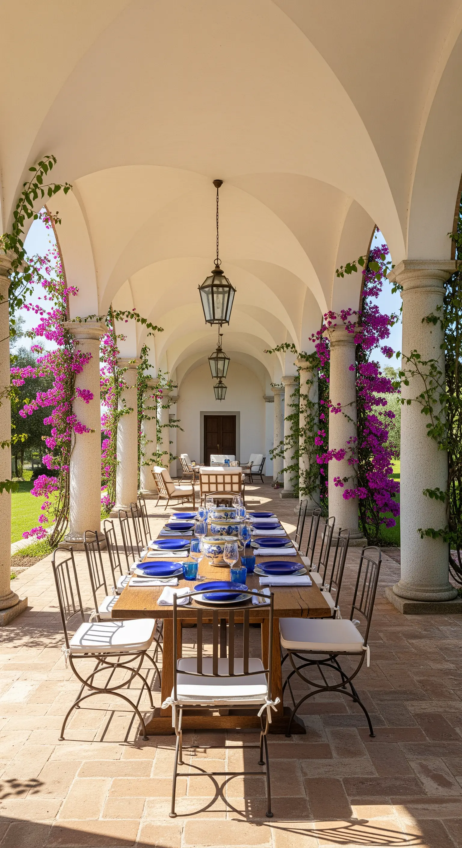 Lungo tavolo da pranzo sotto un portico a volta con colonne bianche e bouganville rampicante