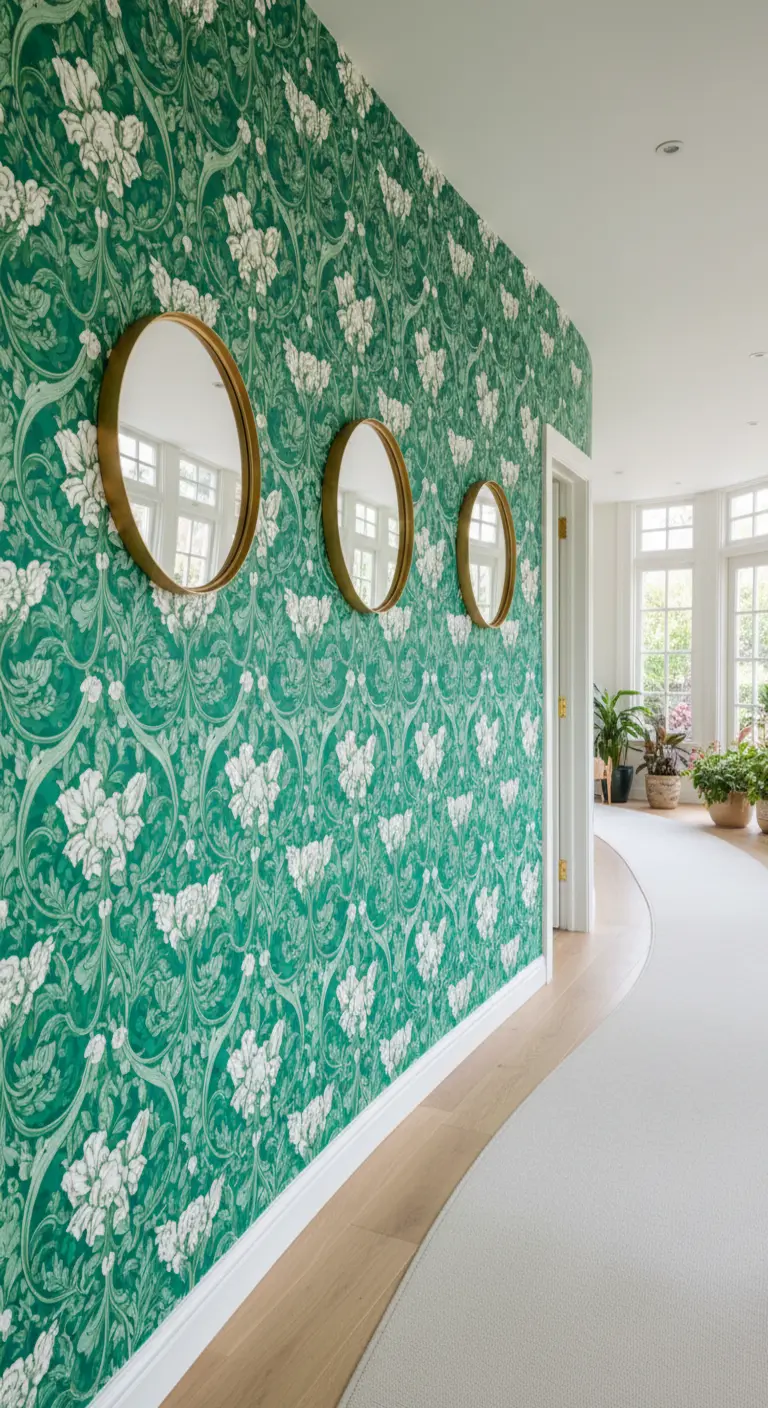Corridoio curvo con carta da parati verde e una serie di tre specchi rotondi dorati.