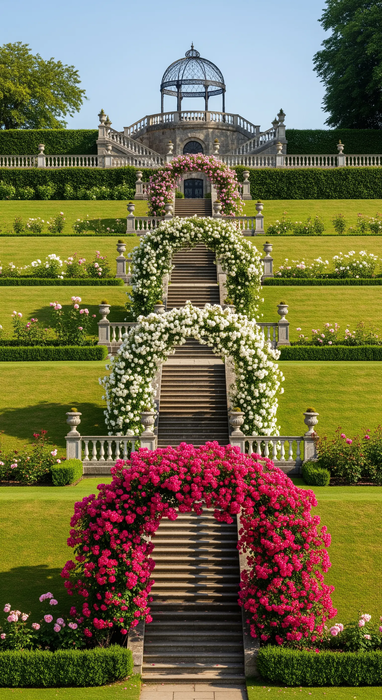 Grande scalinata in pietra su un prato a terrazze, con ogni rampa segnata da un arco di rose.