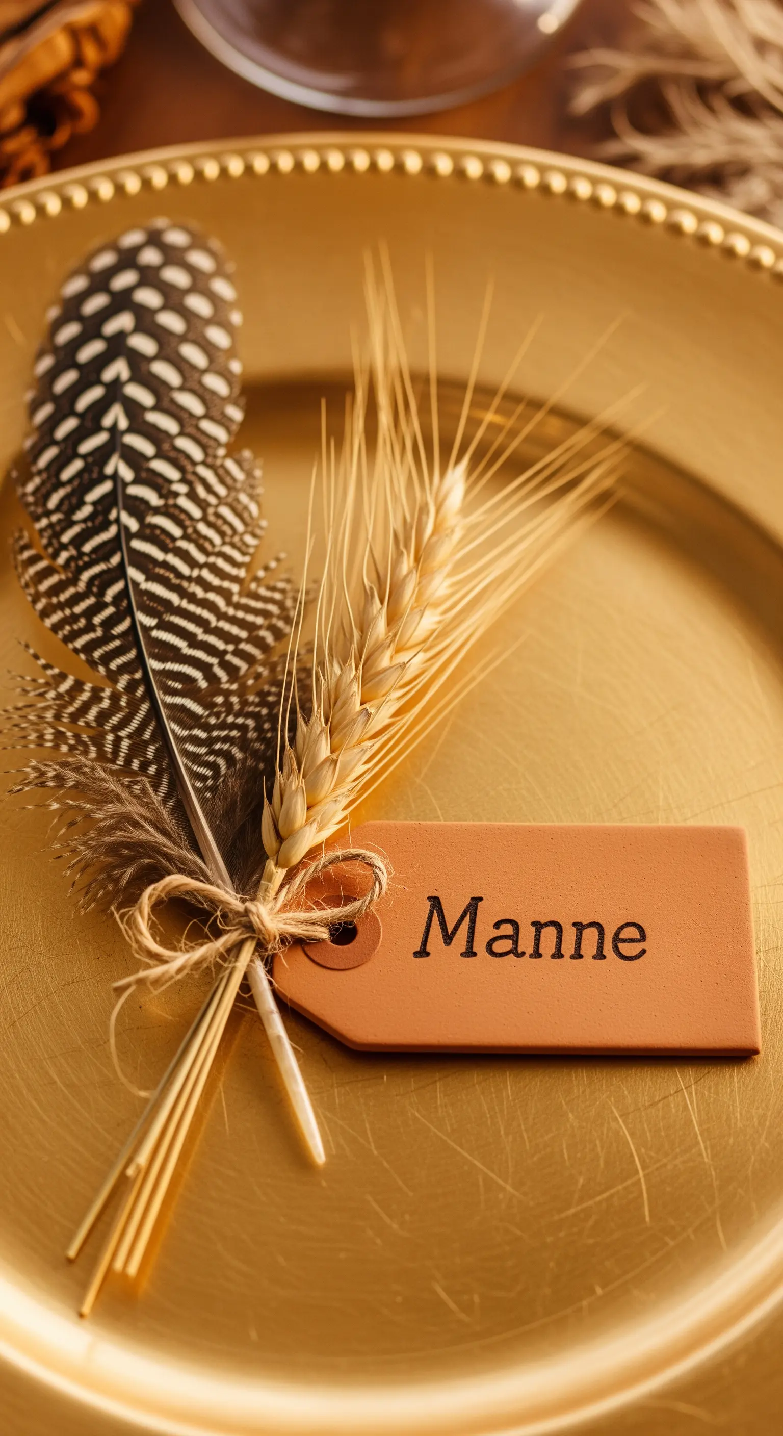 Segnaposto autunnale con spighe di grano e piume su un piatto dorato.