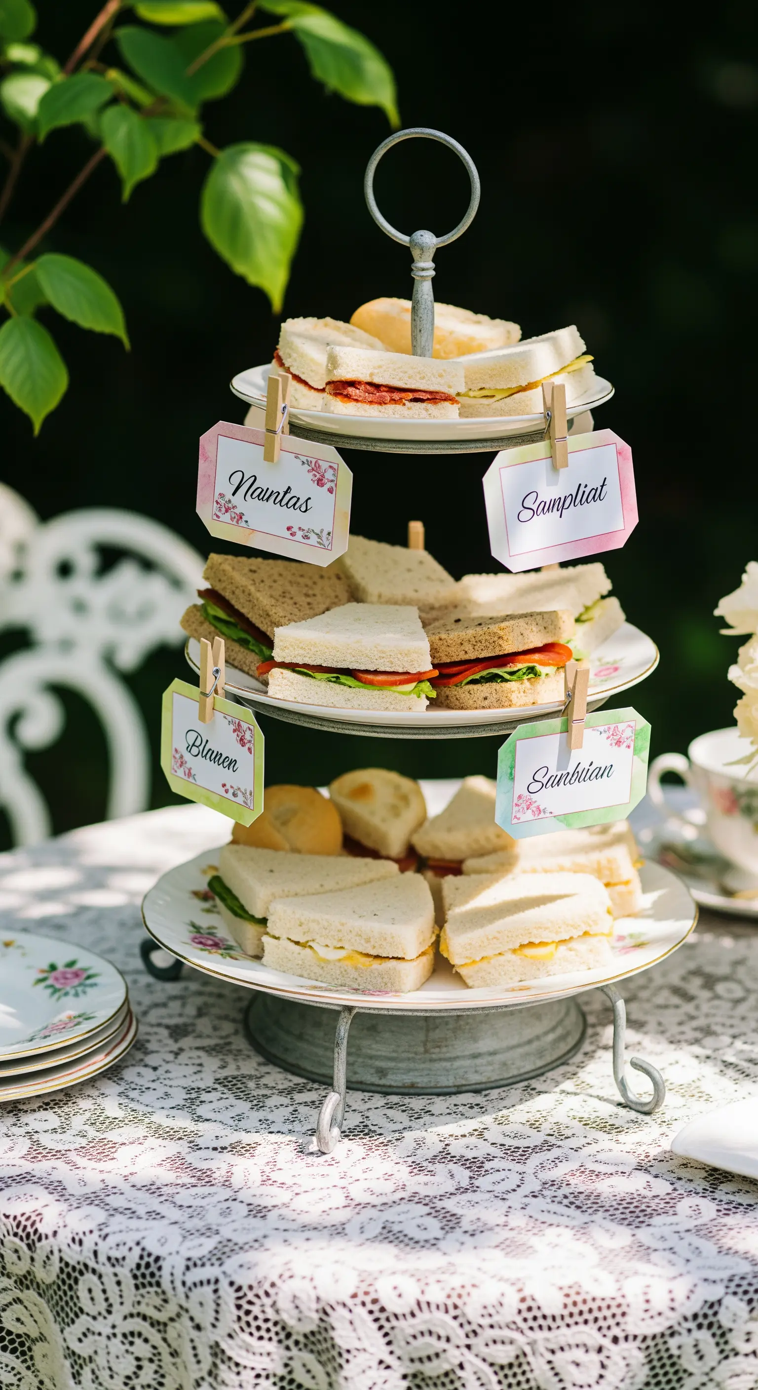 Alzata a tre piani in metallo anticato con tramezzini per un tè pomeridiano in giardino.