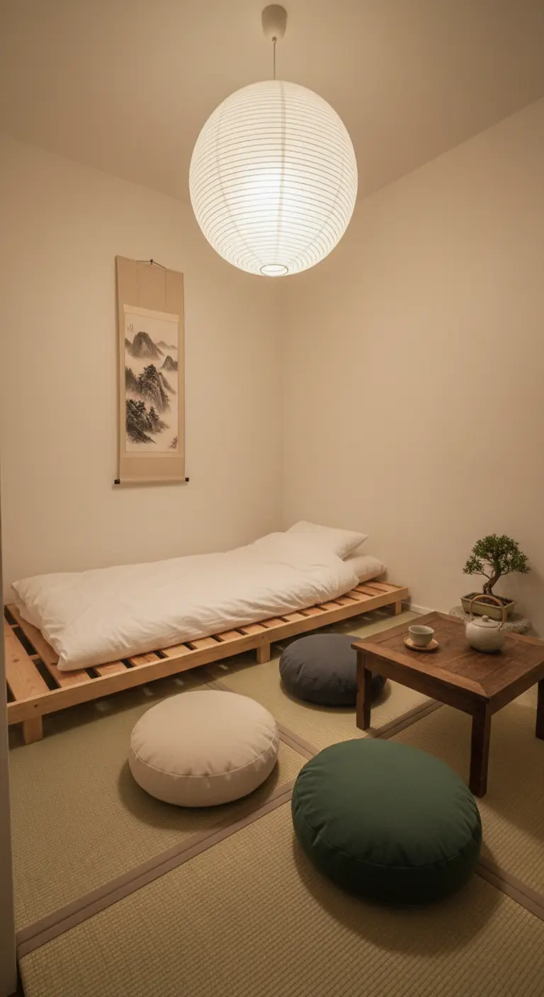 Stanza in stile giapponese con un letto futon basso, tatami, cuscini a terra e lampada di carta.