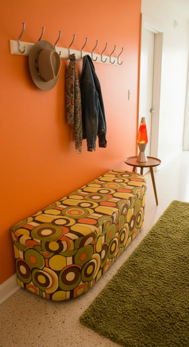 Panca con tessuto a motivi geometrici anni '70 e parete arancione.