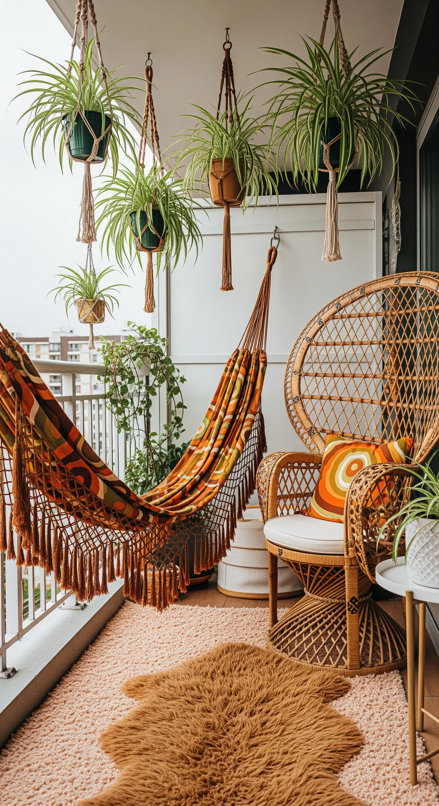 Balcone in stile anni '70 con amaca, sedia in rattan e piante sospese in macramè.