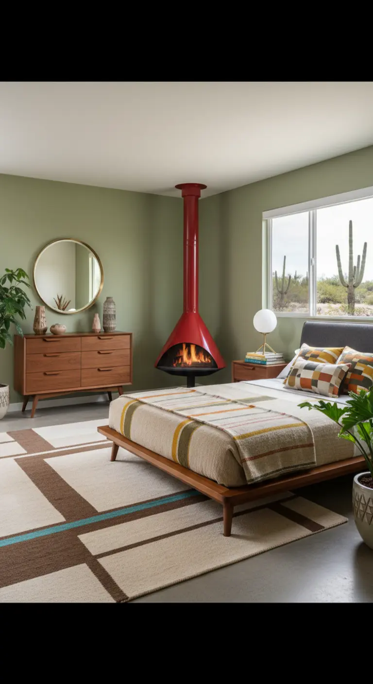 Camera da letto Mid-Century Modern con camino a cono rosso e mobili in legno.