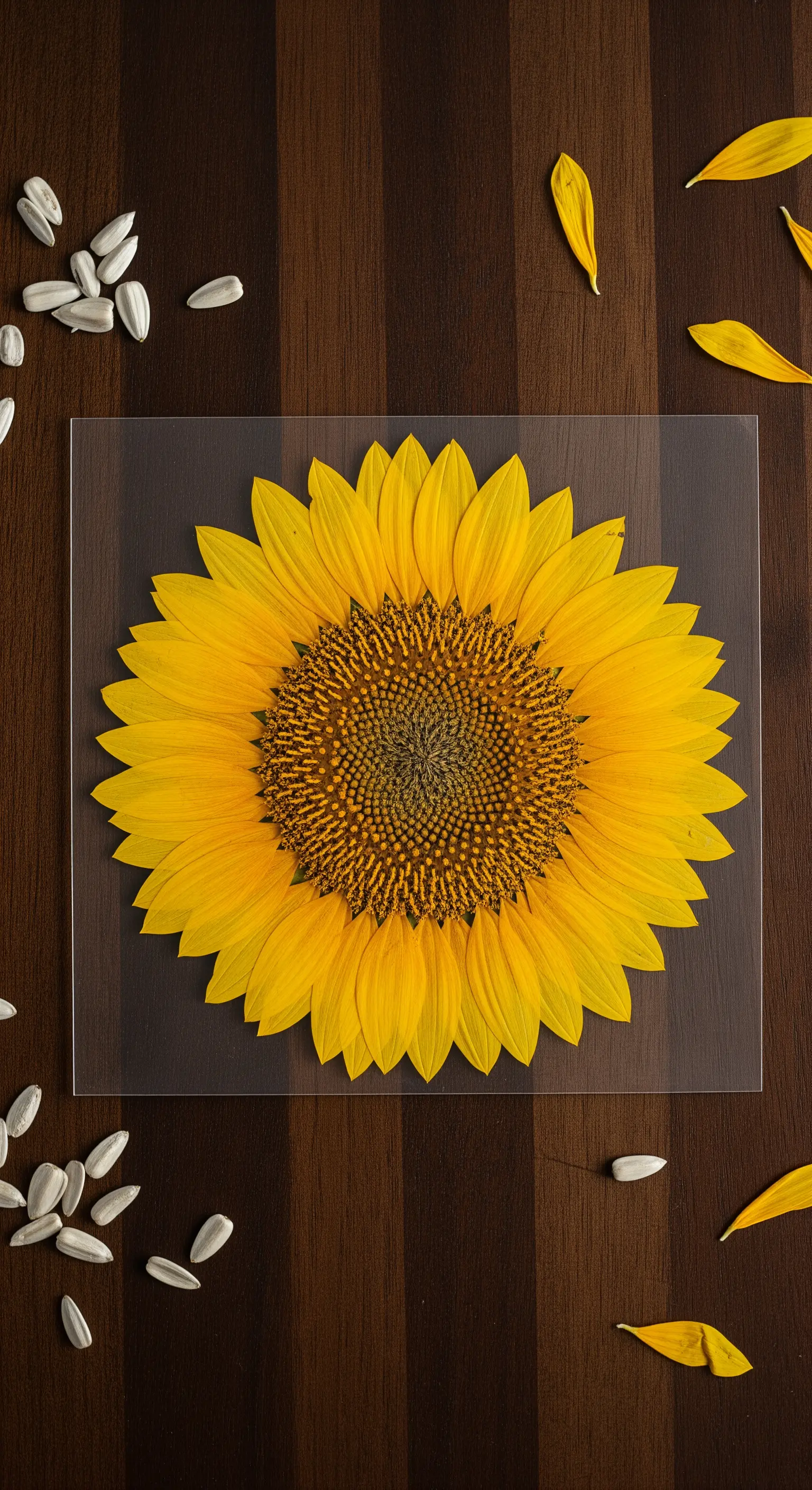 Un grande girasole pressato tra due lastre di vetro su un tavolo di legno.