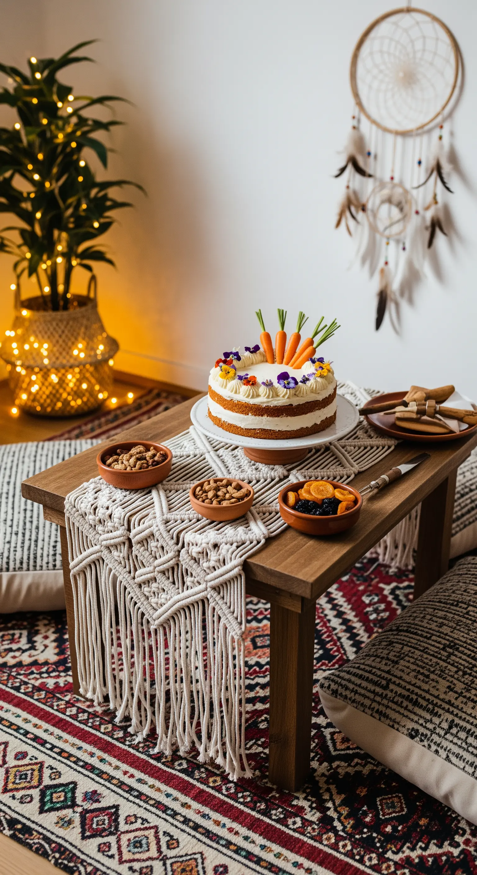 Angolo festa boho con tavolo basso, cuscini a terra, torta e acchiappasogni.