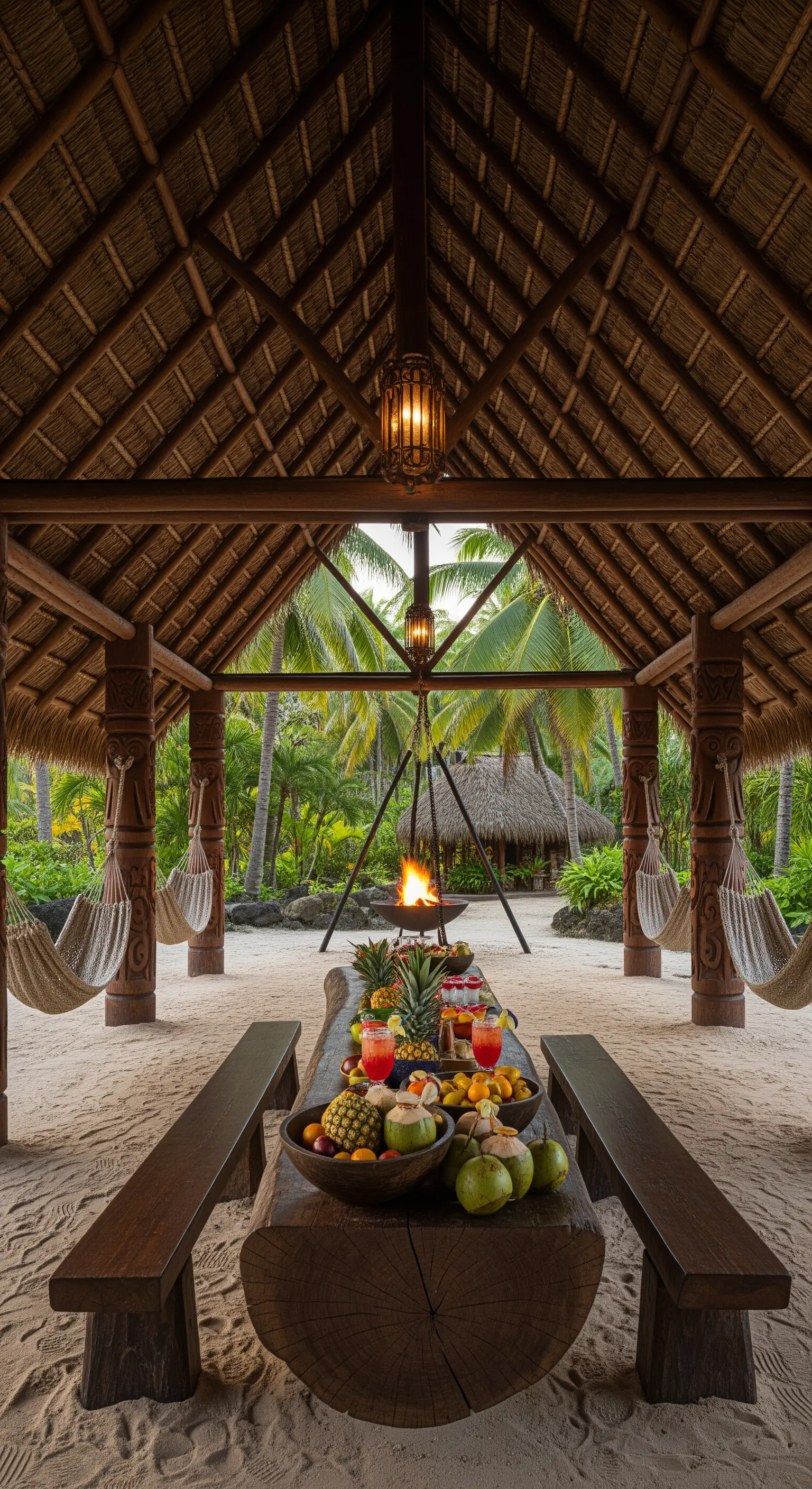 Grande capanna polinesiana con pavimento di sabbia, fuoco centrale, tavolo in legno e amache