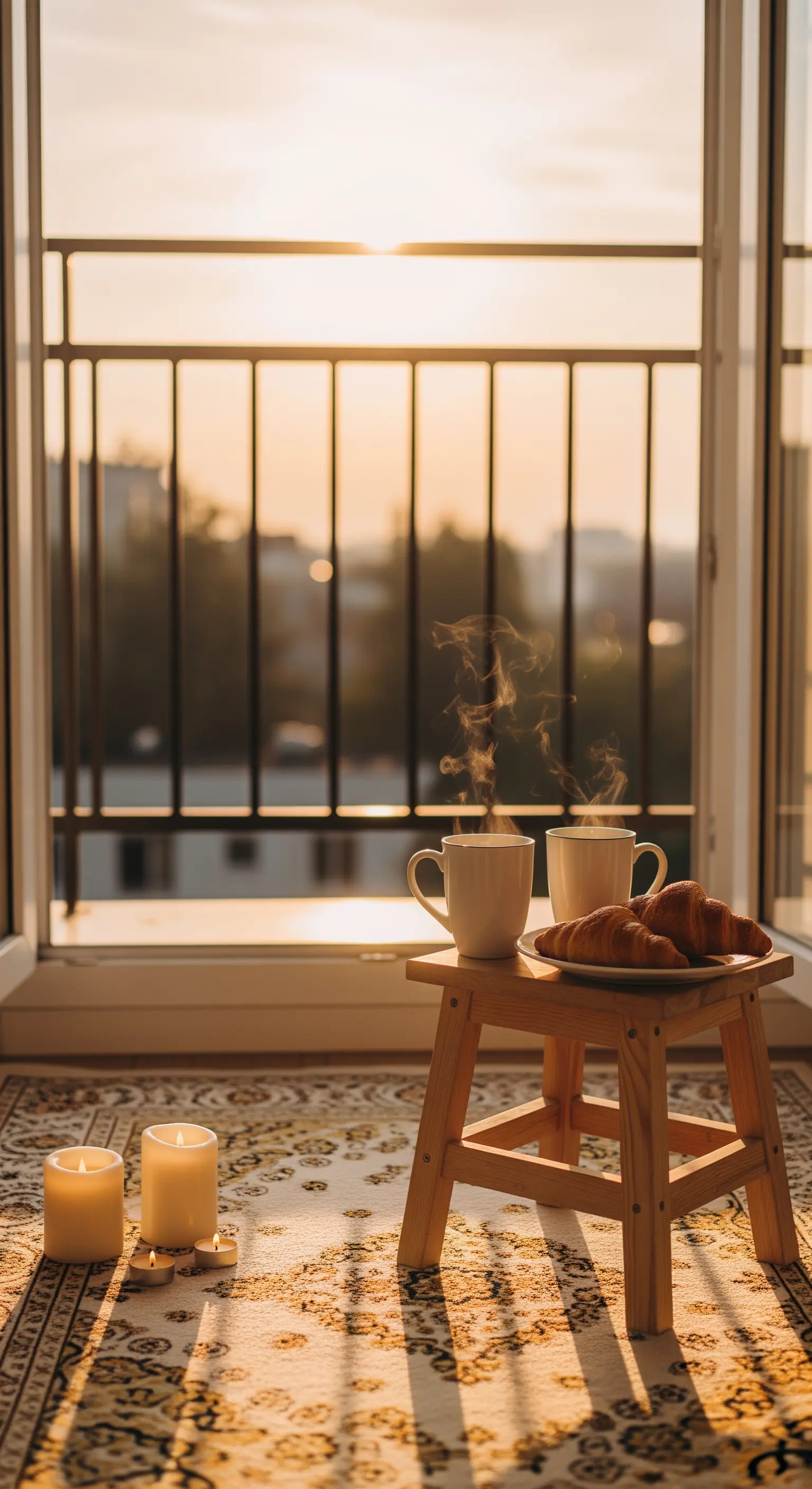 Colazione su un balcone al sorgere del sole, con caffè, croissant e candele su un tappeto.
