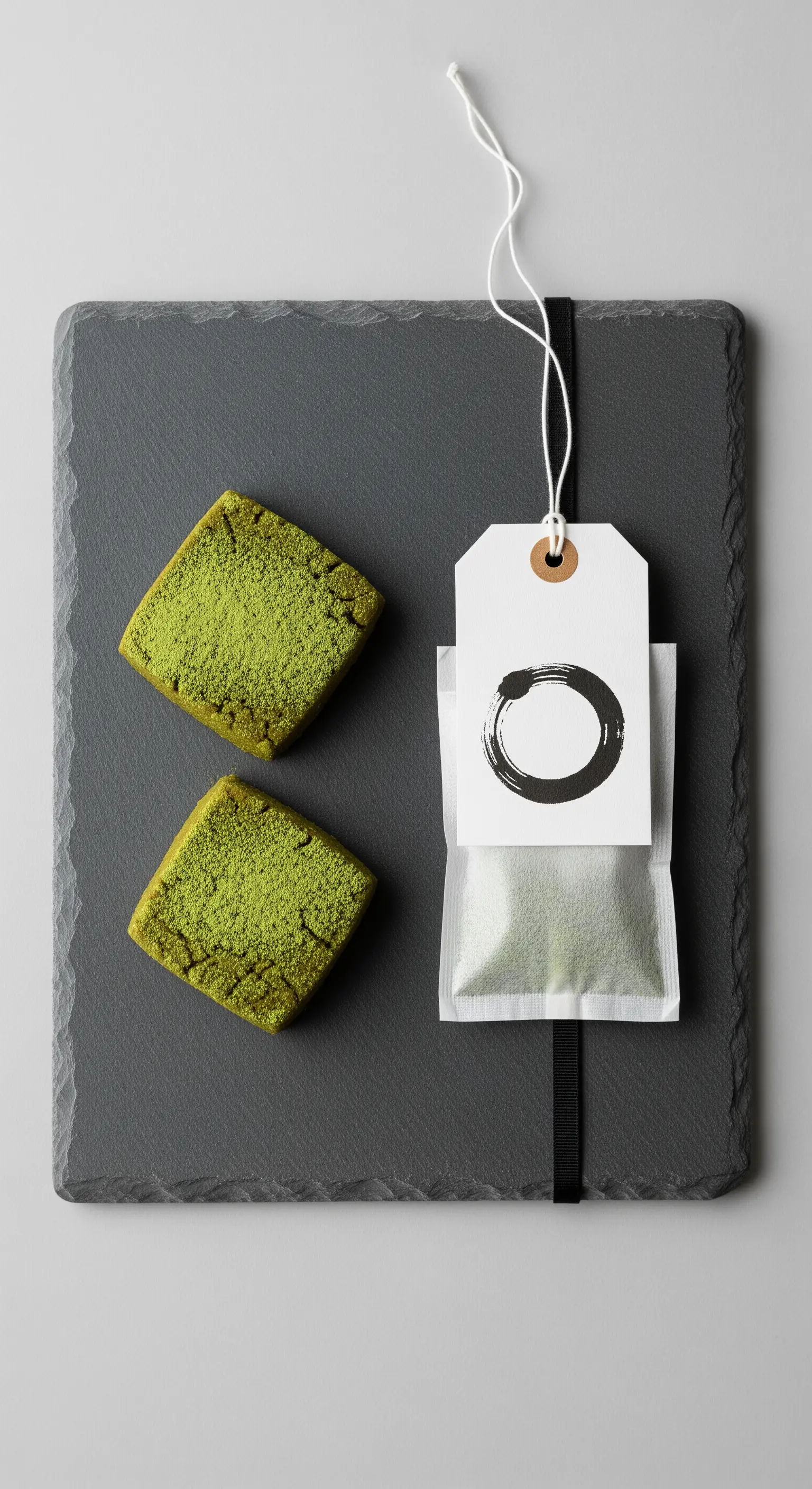 Biscotti quadrati al matcha e una bustina di tè con simbolo zen su un vassoio di ardesia.