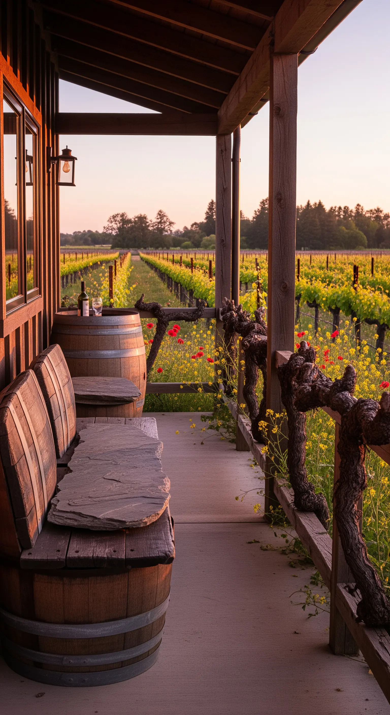 Portico di una vigna con panca fatta di botti di rovere e seduta in ardesia.