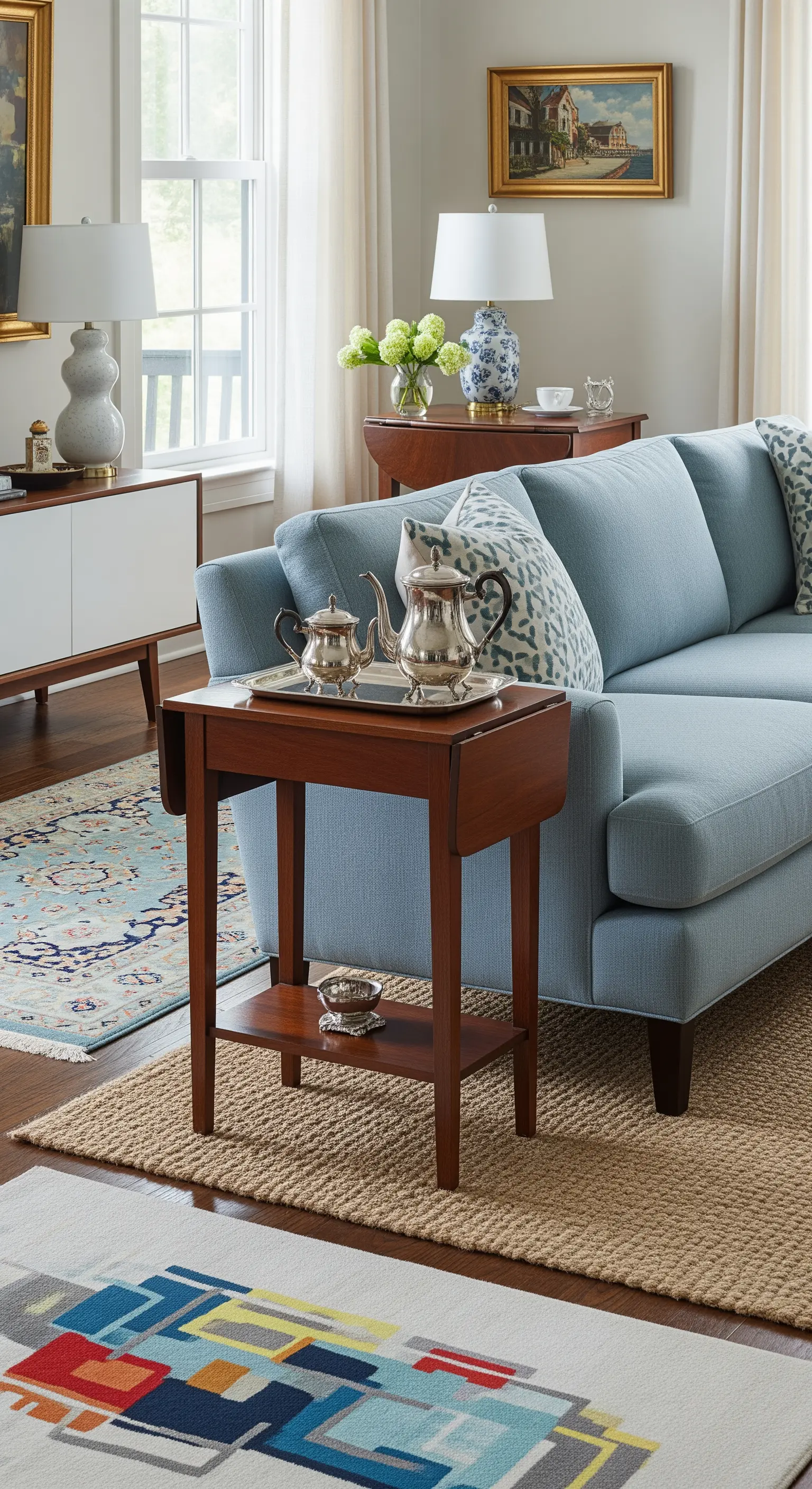 Un tavolino a ribalta in legno scuro d'epoca usato come mobile di servizio dietro un divano azzurro.